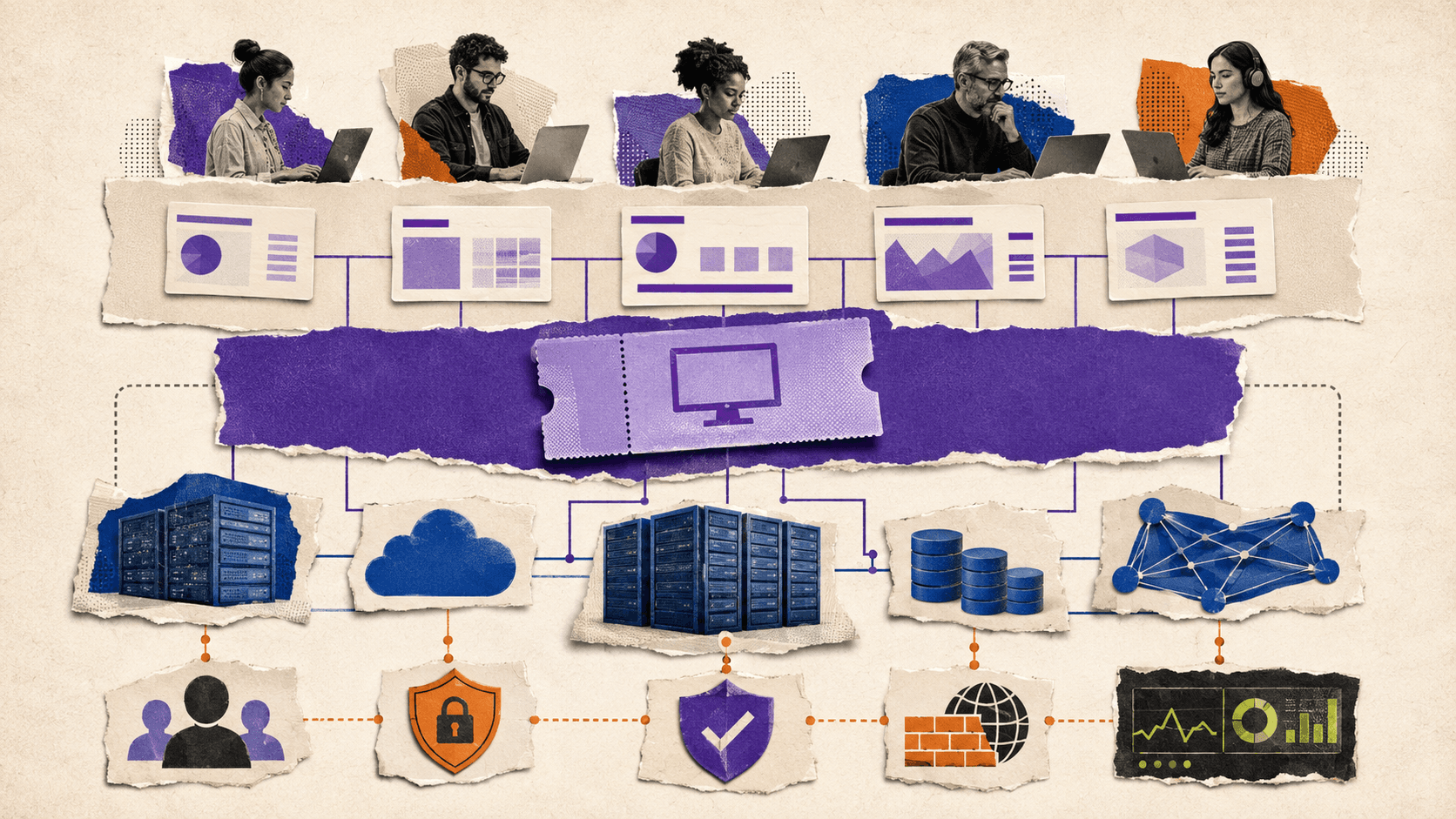 A layered visual showing Citrix software connected to users, applications, servers, storage, networking, security, and monitoring.