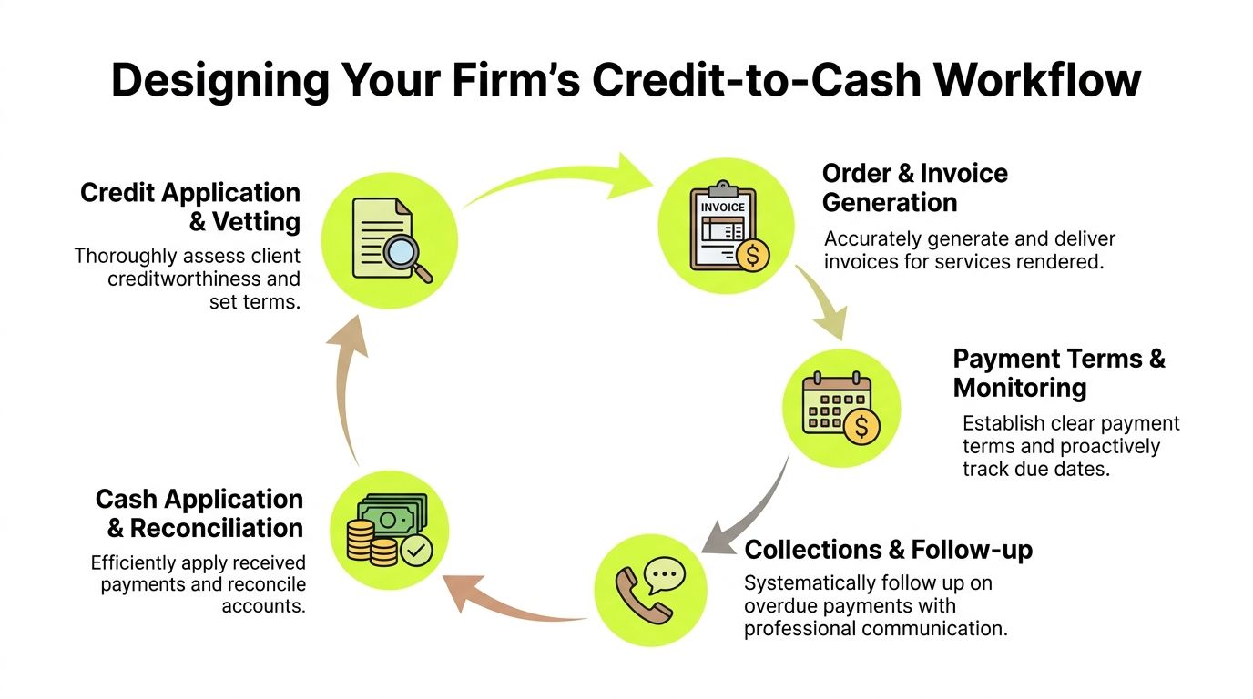 A circular workflow diagram illustrating the five key steps in a firm's credit-to-cash process.