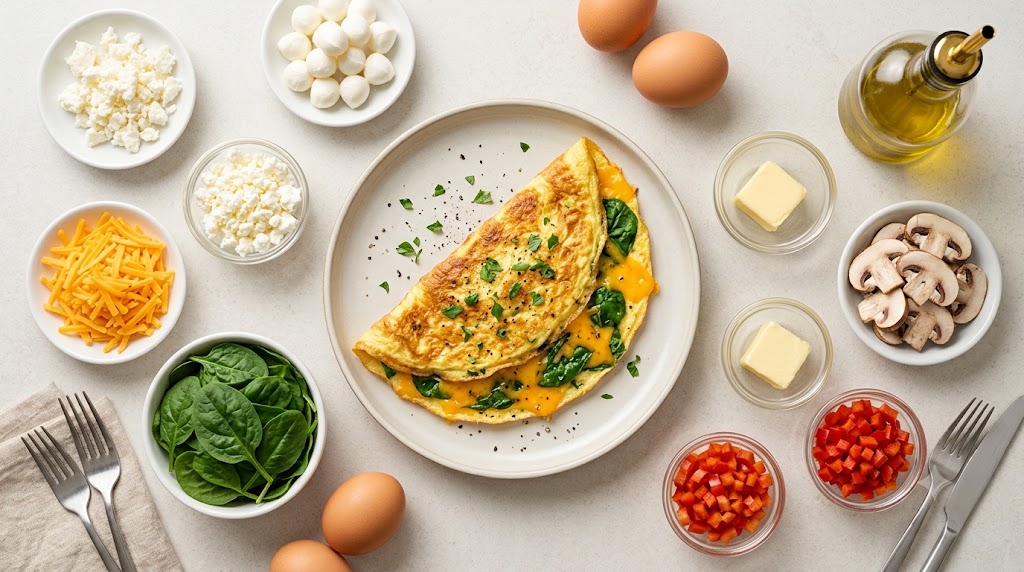 A delicious and healthy customizable omelette breakfast flat lay, featuring a golden spinach and cheddar omelette on a central plate surrounded by neatly arranged portions of shredded cheese, crumbled feta, mozzarella, mushrooms, diced red bell peppers, baby spinach, butter, and olive oil, captured in bright natural light for a sophisticated nutrition magazine aesthetic.