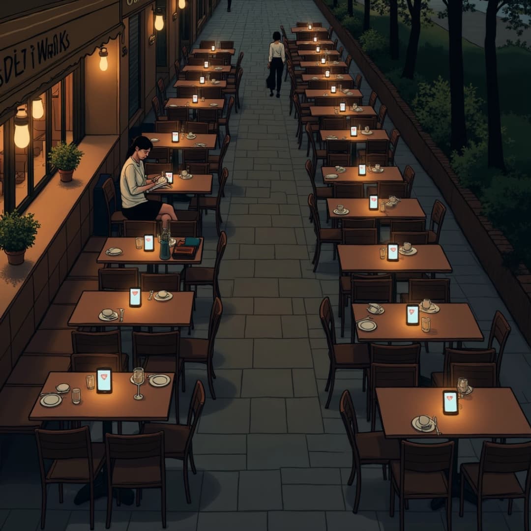 eine zeichnung, ein mann sitzt alleine in einem open-air restaurant bei nacht