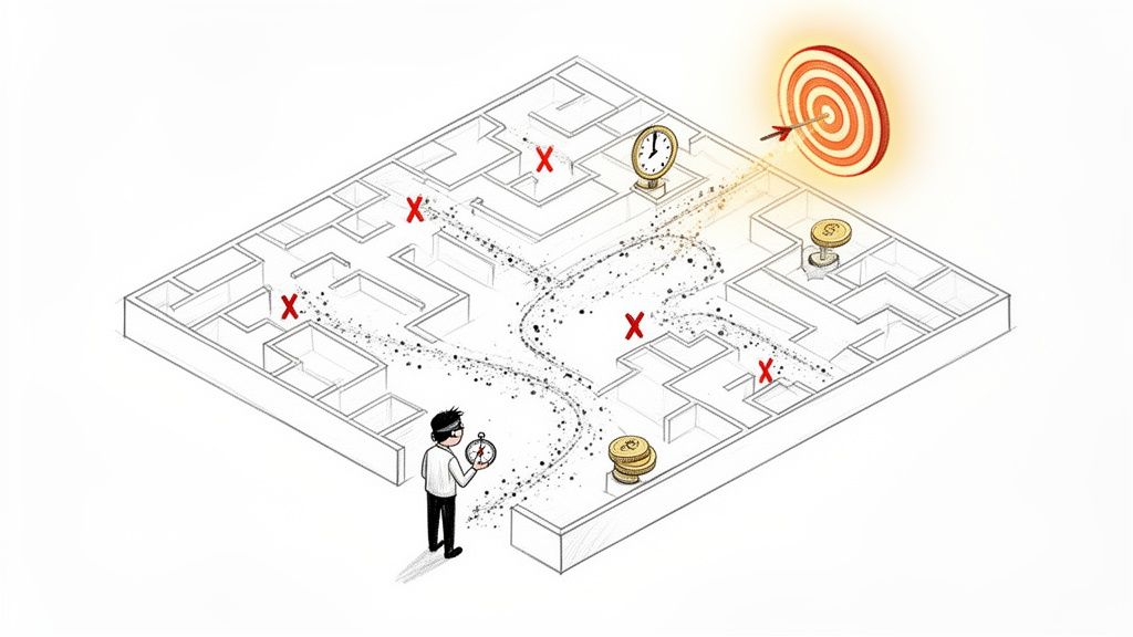 A person with a stopwatch navigates a maze, avoiding obstacles, seeking goals and rewards.