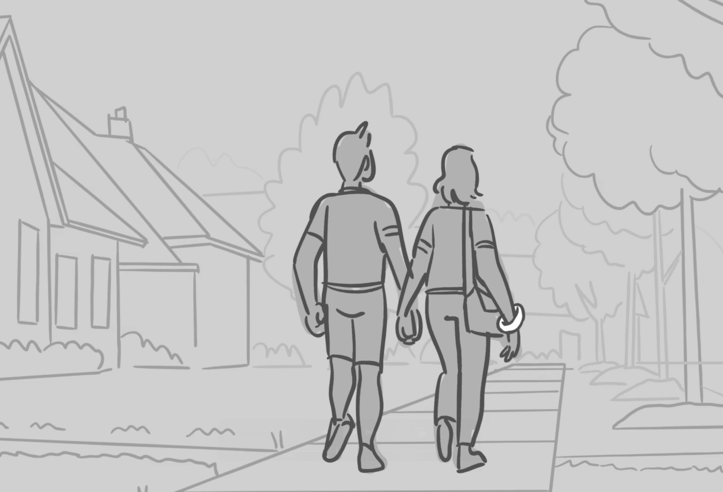Two people hold hands as they walk down a sidewalk in a neighborhood. One of them has a bright white band on.