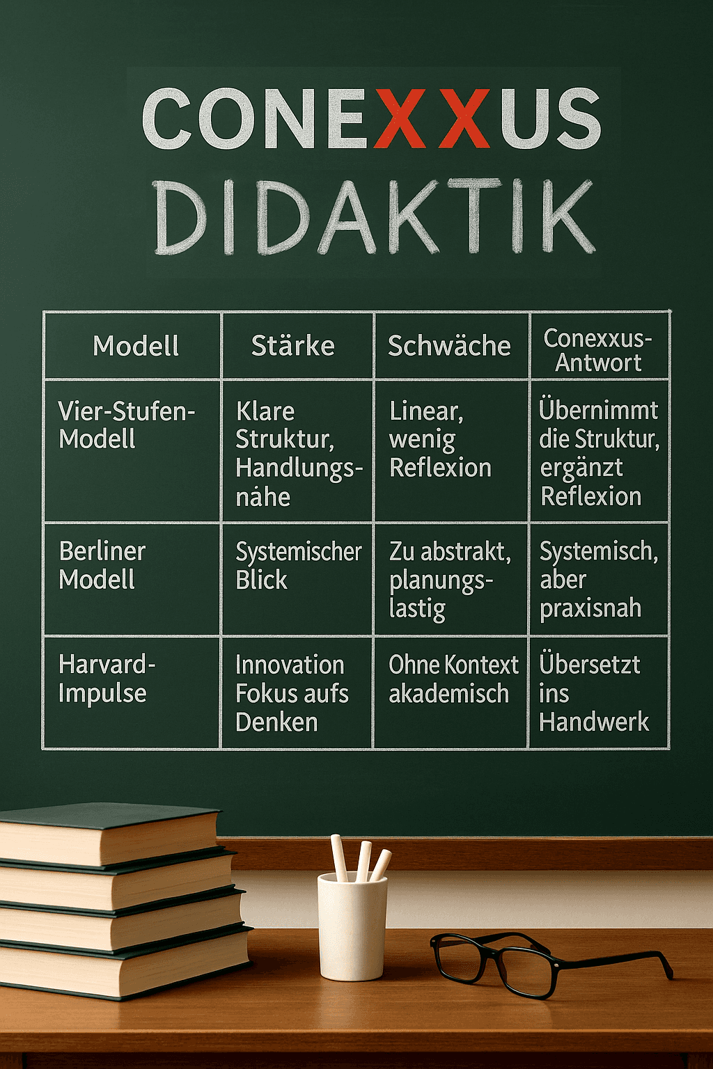 CONEXXUS Didaktik Vergleich von Vier-Stufen-Modell, Berliner Modell und Harvard-Impulsen