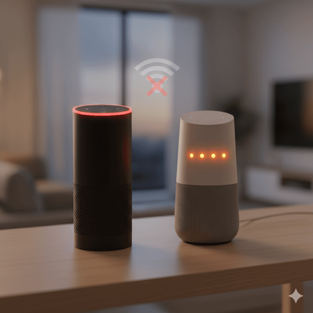 Dois assistentes virtuais, um Echo e um Google Home, exibindo luzes de notificação vermelha e laranja, respectivamente, para alertar sobre problemas comuns como microfone desligado ou falha de conexão.