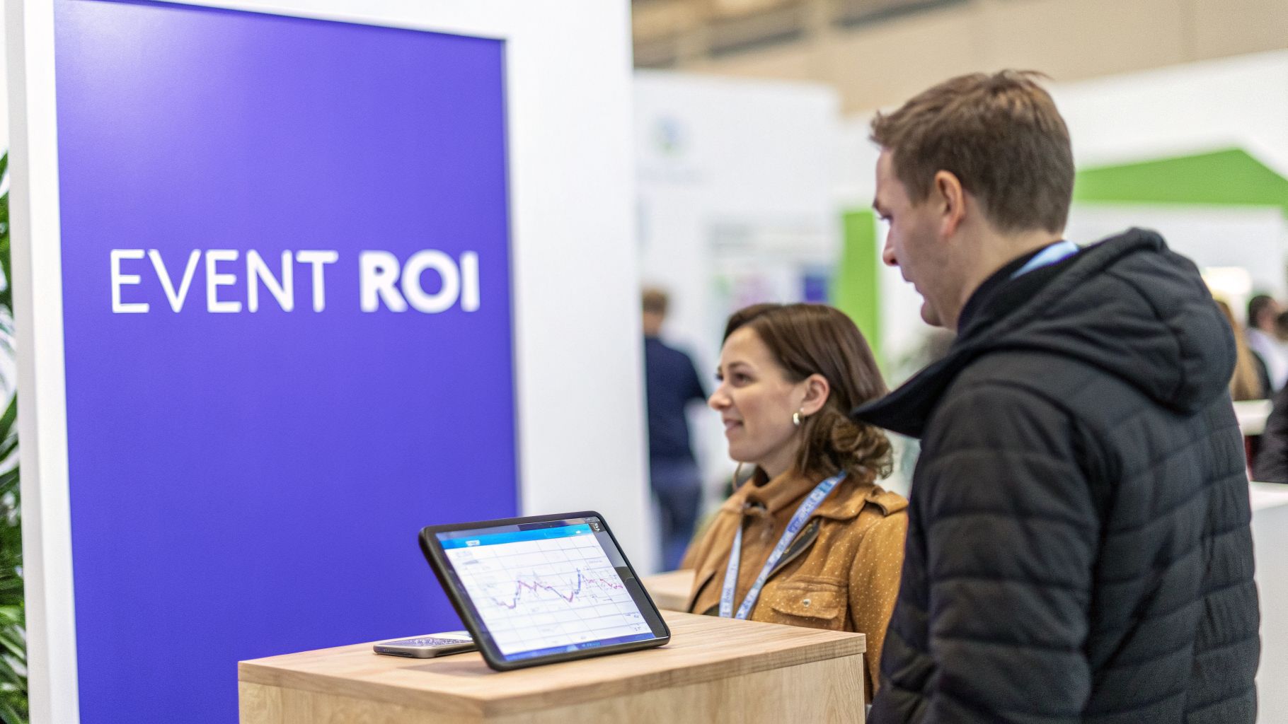 Two people discuss event performance data on a tablet display at an 'EVENT ROI' booth.