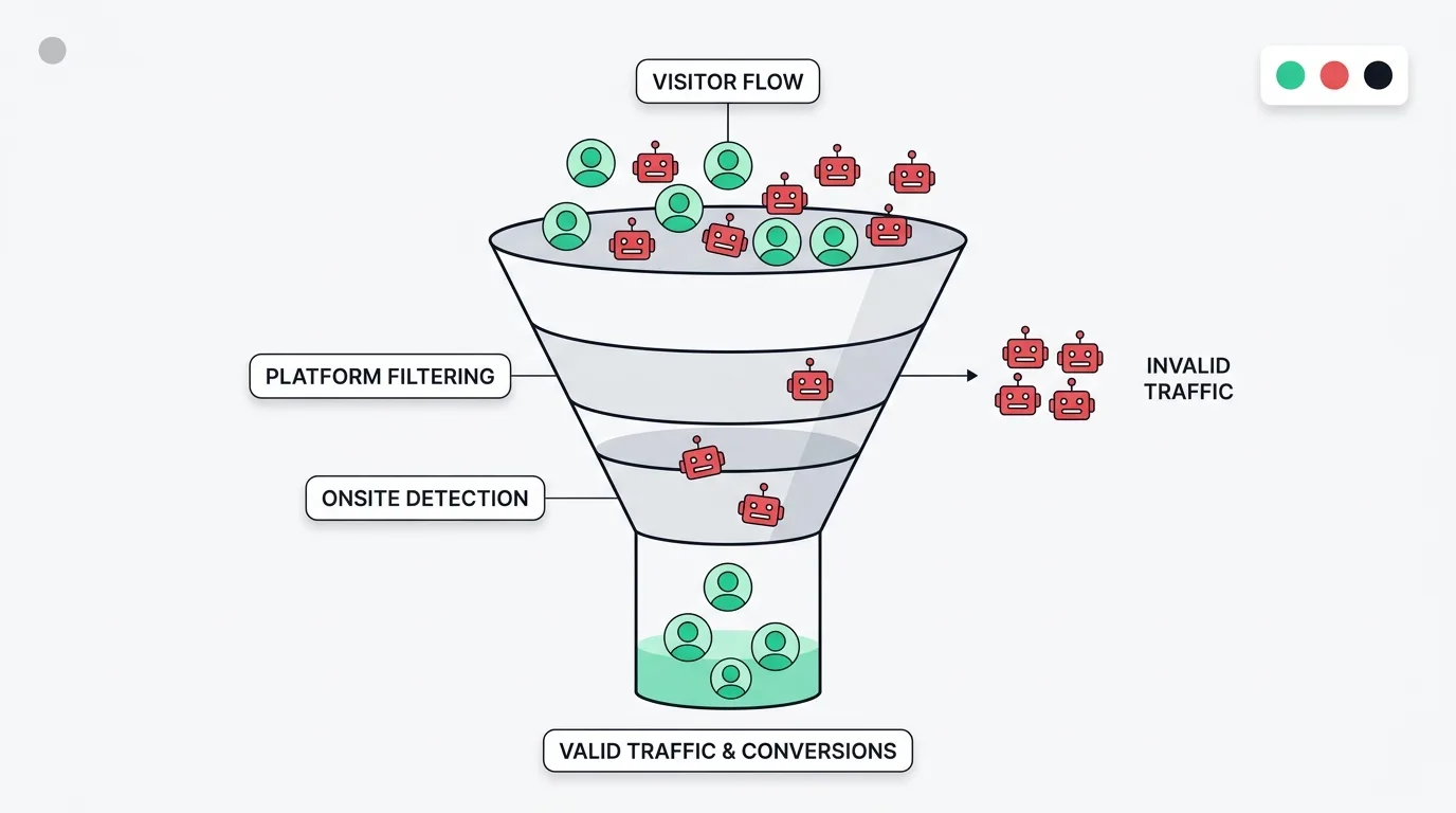 Funnel diagram where Google Ads filtering catches some red bots, onsite detection catches more, and green human icons flow to a valid traffic pool
