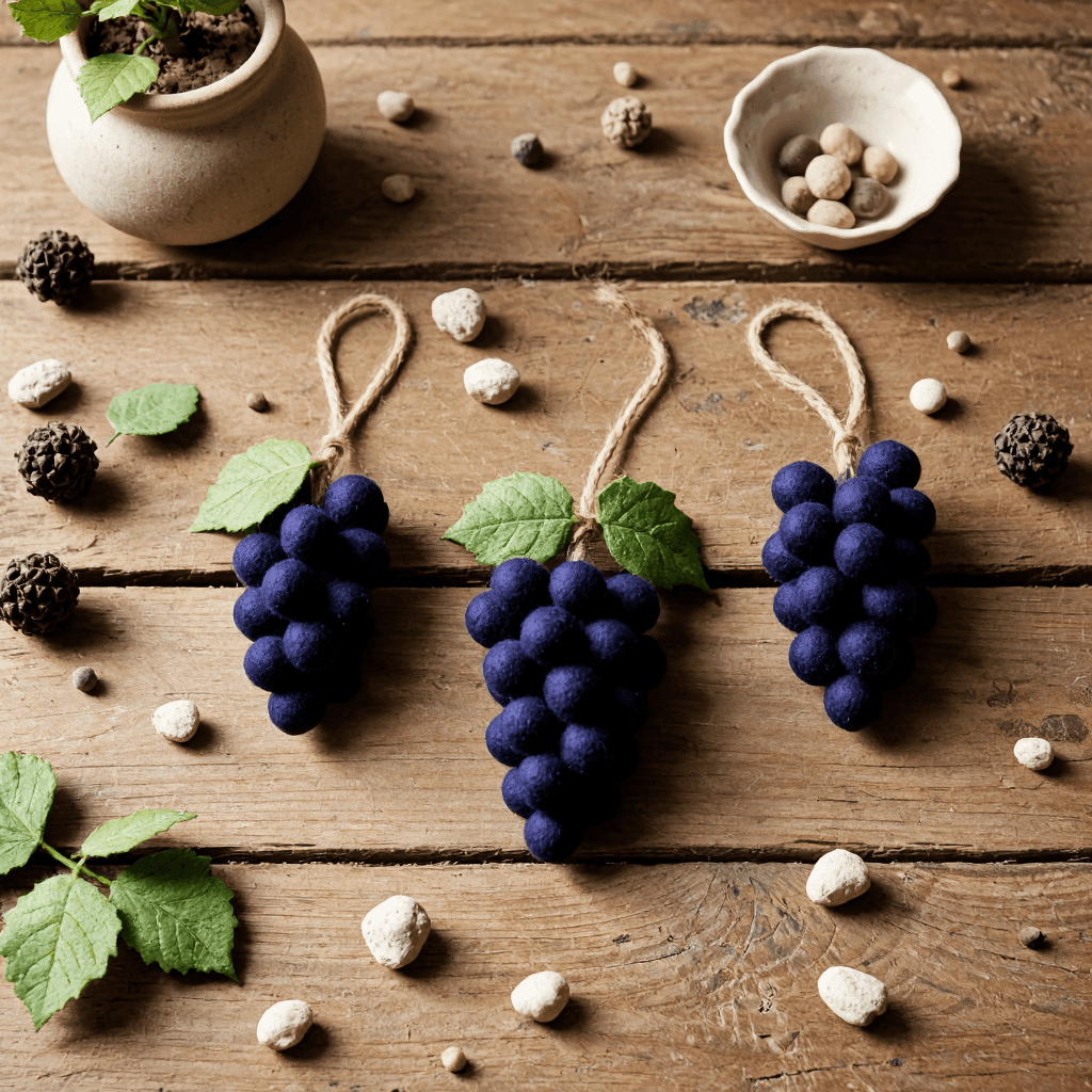 product photography of a set of grape-shaped felt decorations