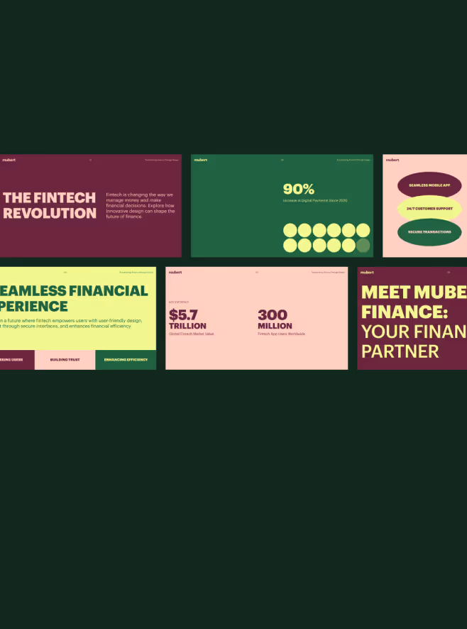 Six slides highlighting fintech topics including fintech revolution, 90% millennials use fintech, seamless mobile app, seamless financial experience, $5.7 trillion global fintech market, and meet Mubert Finance partner.