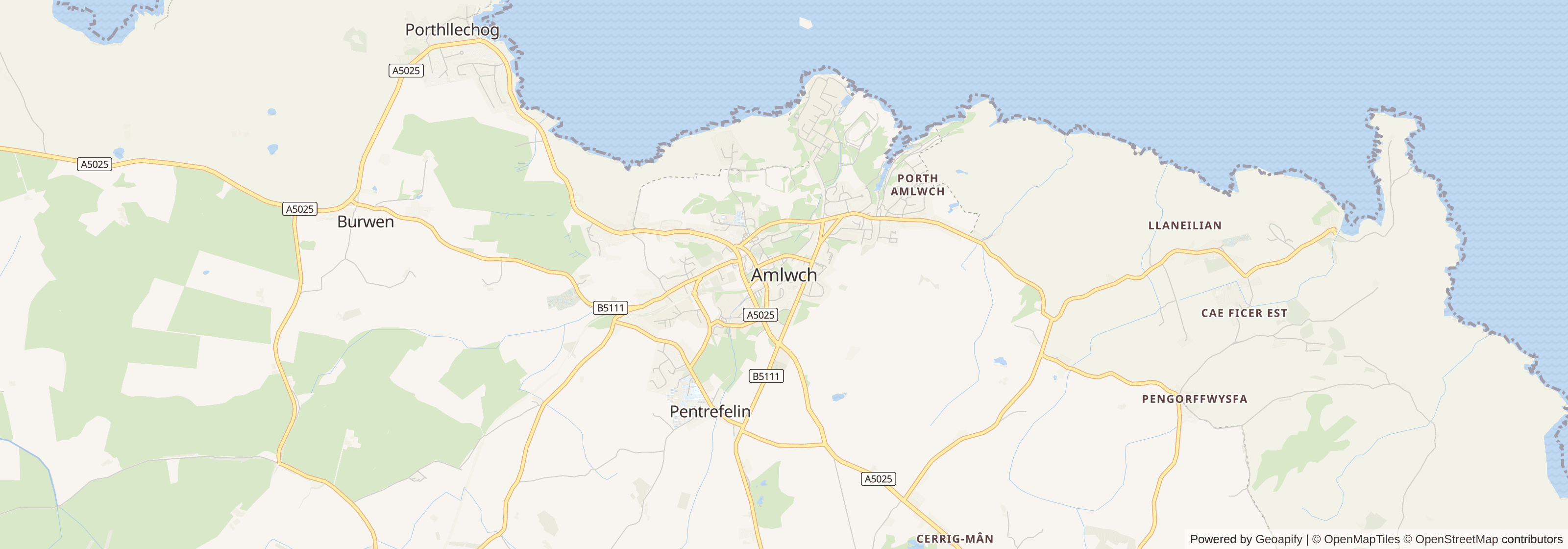 Street map of Amlwch, Isle of Anglesey showing main roads and nearby areas