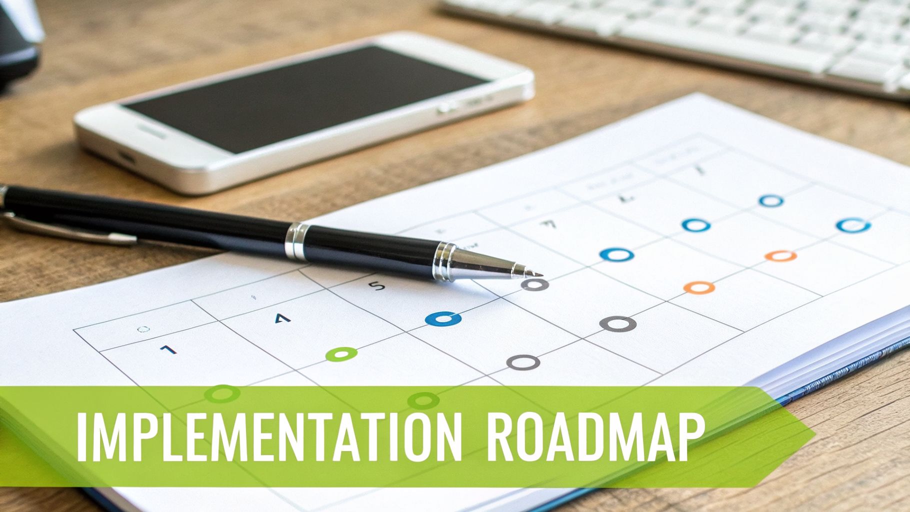 A pen rests on a document showing an 'IMPLEMENTATION ROADMAP' with colored circles, next to a smartphone.