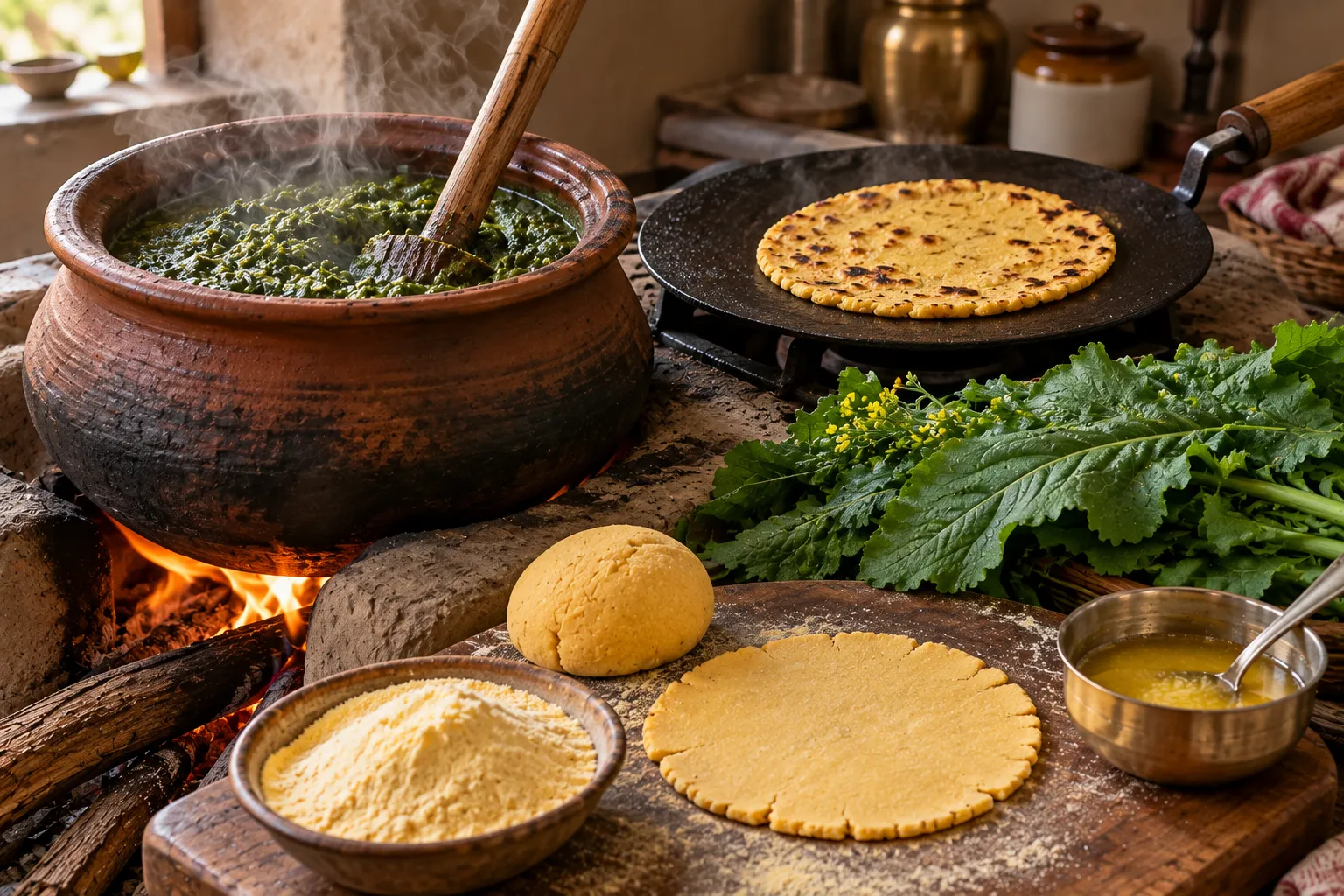 Sarson da saag cooking in a clay pot over a wood fire with makki di roti on the tawa and fresh mustard greens