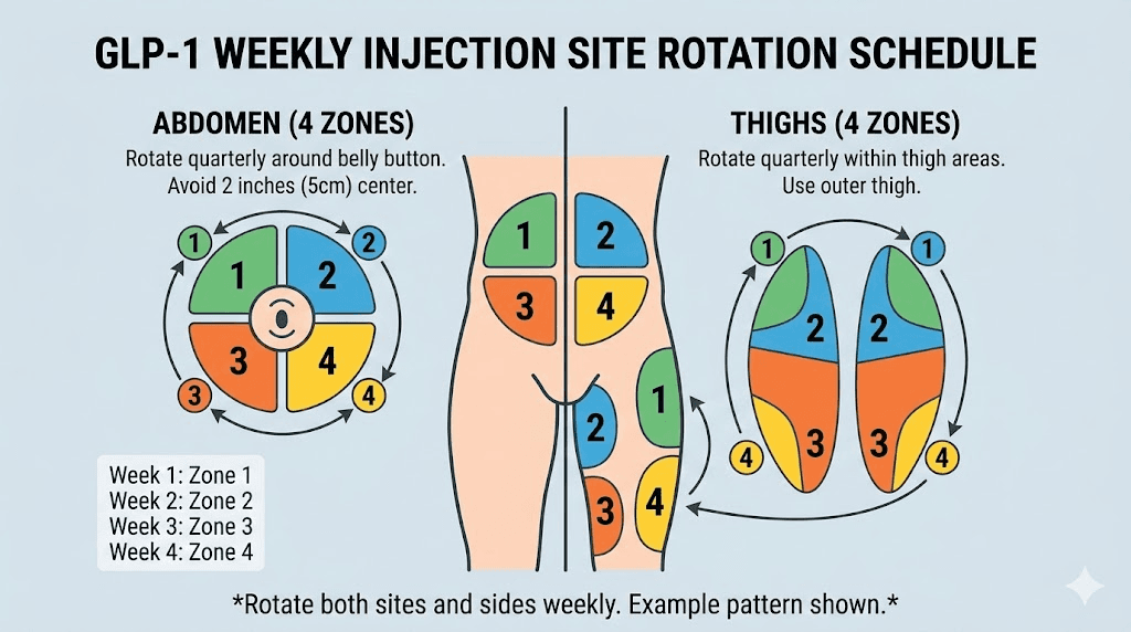 GLP-1 injection site rotation schedule diagram for weekly injections