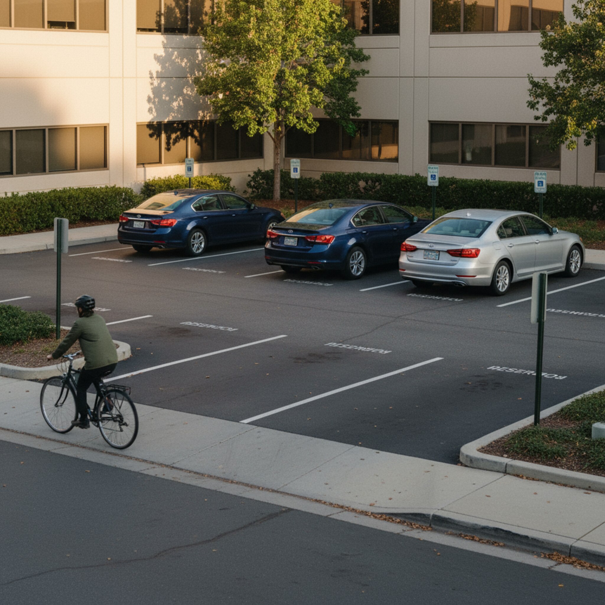 Gleißendes Abendlicht färbt einen kleinen Parkplatz hinter einem Bürogebäude warm. Zwei Fahrzeuge rollen langsam aus, reservierte Schilder zeigen aufgeräumte Reihen. Ein Radfahrer passiert die Einfahrt, während die Dämmerung die Linien markiert. Die Stimmung wirkt ruhig und organisiert, bereit für Besucher am Wochenende.