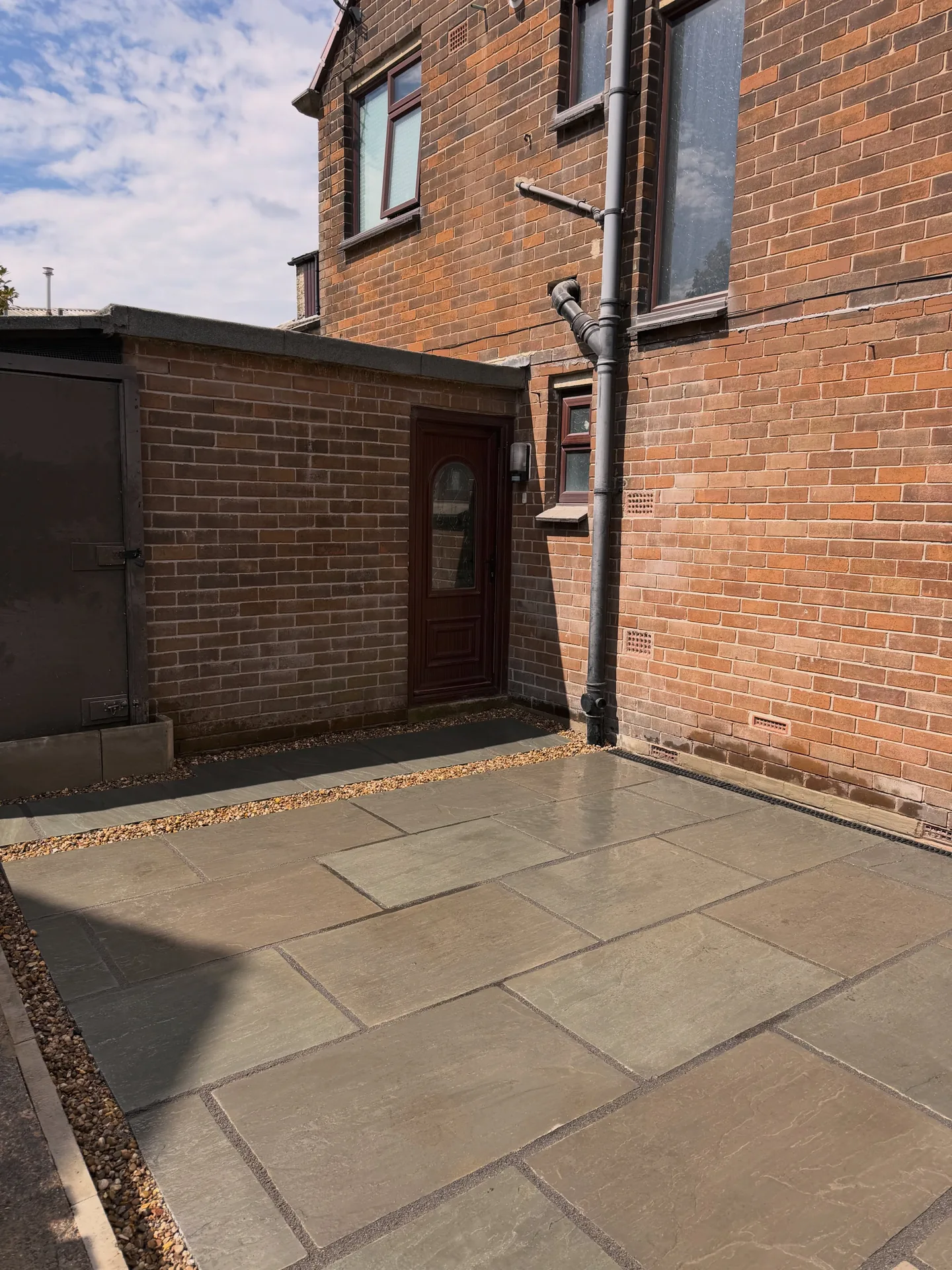 Patio installation in Leeds beside a residential property