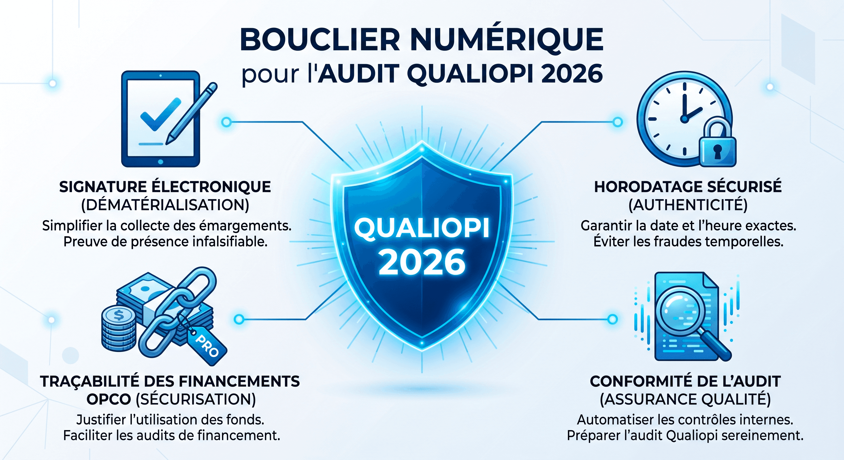 Infographie Bouclier Numérique pour l'Audit Qualiopi 2026 expliquant les bénéfices de la dématérialisation : signature électronique pour des preuves infalsifiables, horodatage sécurisé pour l'authenticité, traçabilité des financements OPCO et automatisation des contrôles pour la conformité de l'audit.