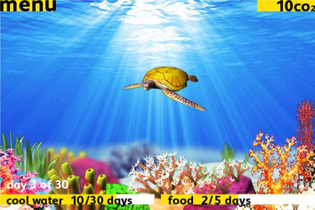A yellow sea turtle swims in blue water with rays of light shining down. Below, colorful coral and plants are visible on the seabed. Text in the top left corner reads “menu 10 co 2,” while text in the bottom left reads “day 3 of 30” and “cool water 10/30 days.” Text in the bottom right reads “food 2/5 days.”