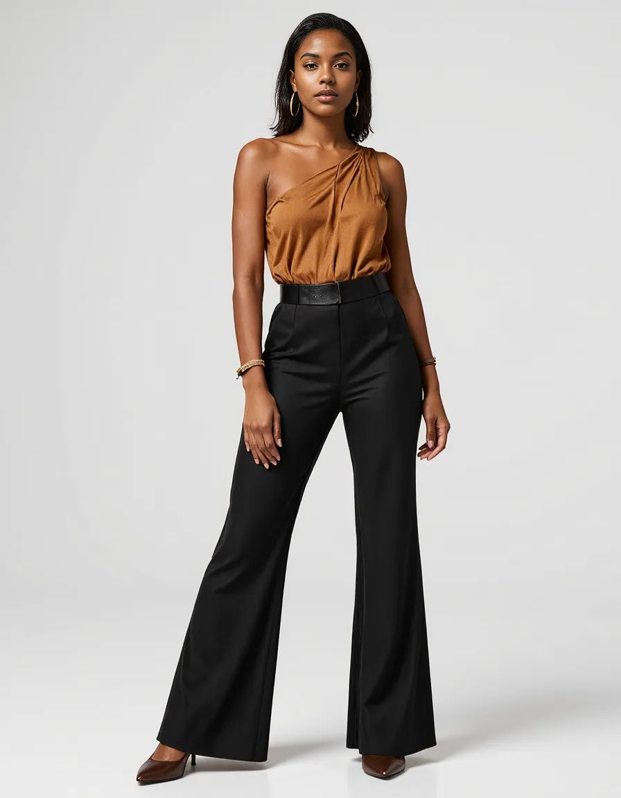 Professional fashion photography featuring a one-shoulder bronze top paired with high-waisted black wide-leg trousers against a minimal background