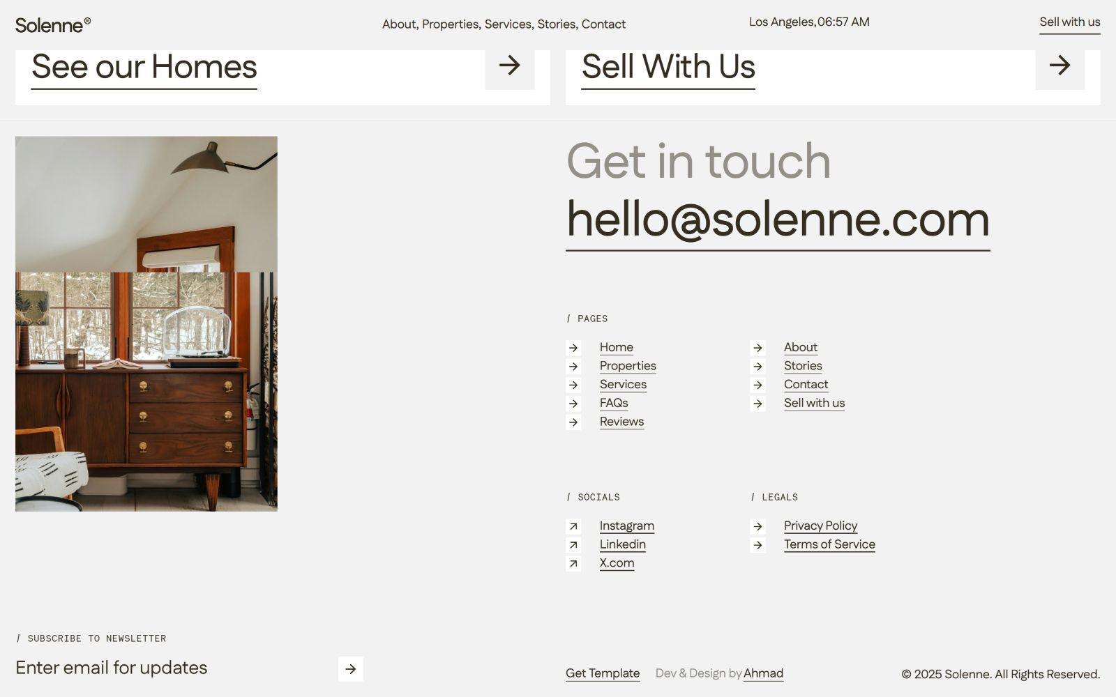Modern website footer with wood dresser image; text includes "See our Homes," "Sell With Us," and "hello@solenne.com." Links to pages and socials.