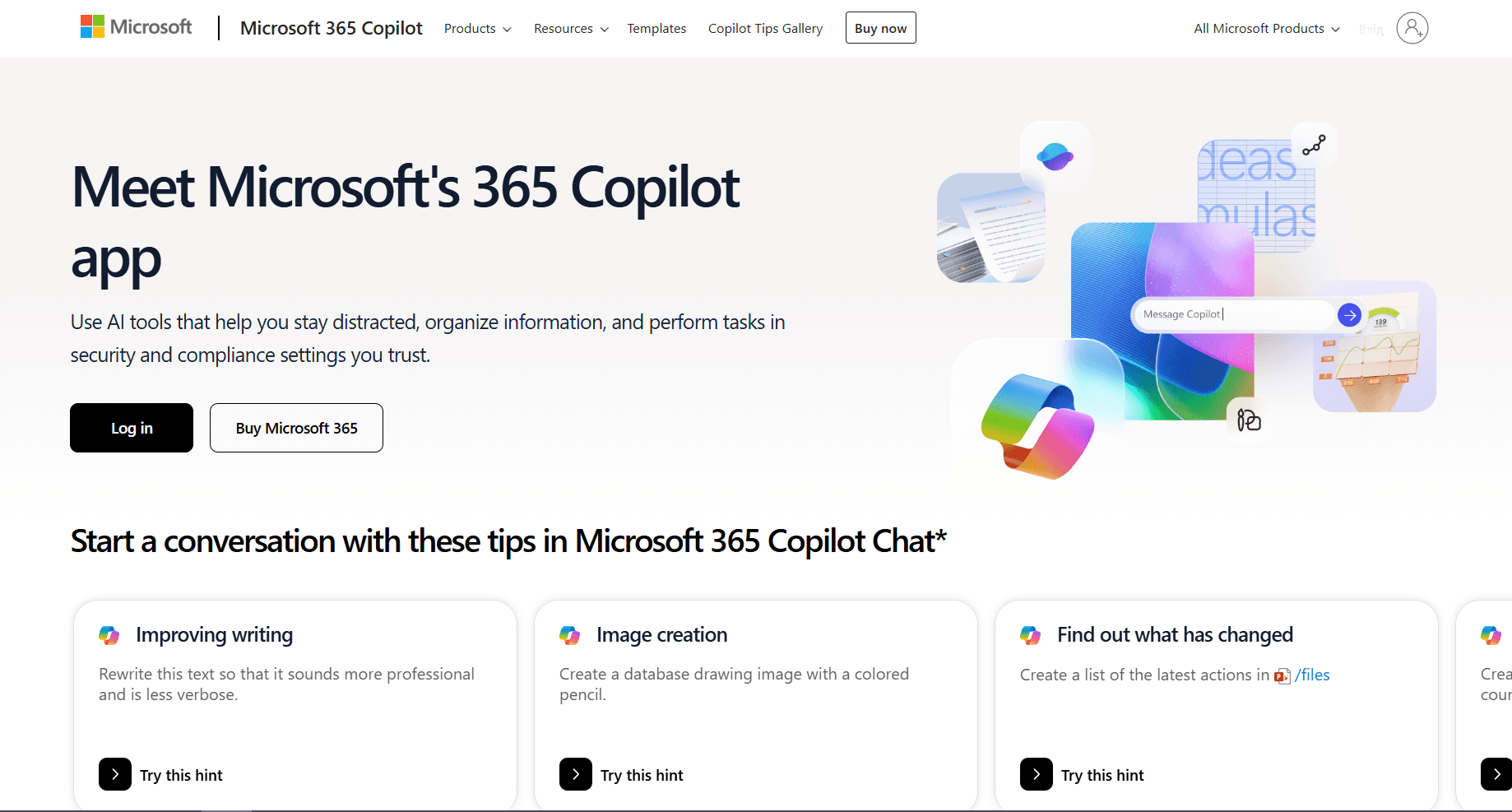 Homepage screenshot of Microsoft 365 Copilot featuring the headline “Meet Microsoft’s 365 Copilot app,” with login and purchase buttons plus example prompt cards below.