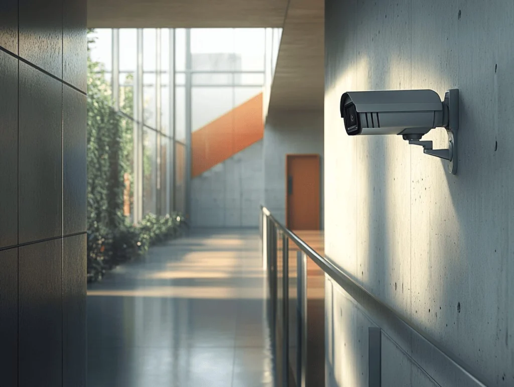 A modern security camera mounted on a wall in a bright, sleek office hallway with glass walls and reflective flooring. The camera is equipped with infrared LEDs for surveillance.