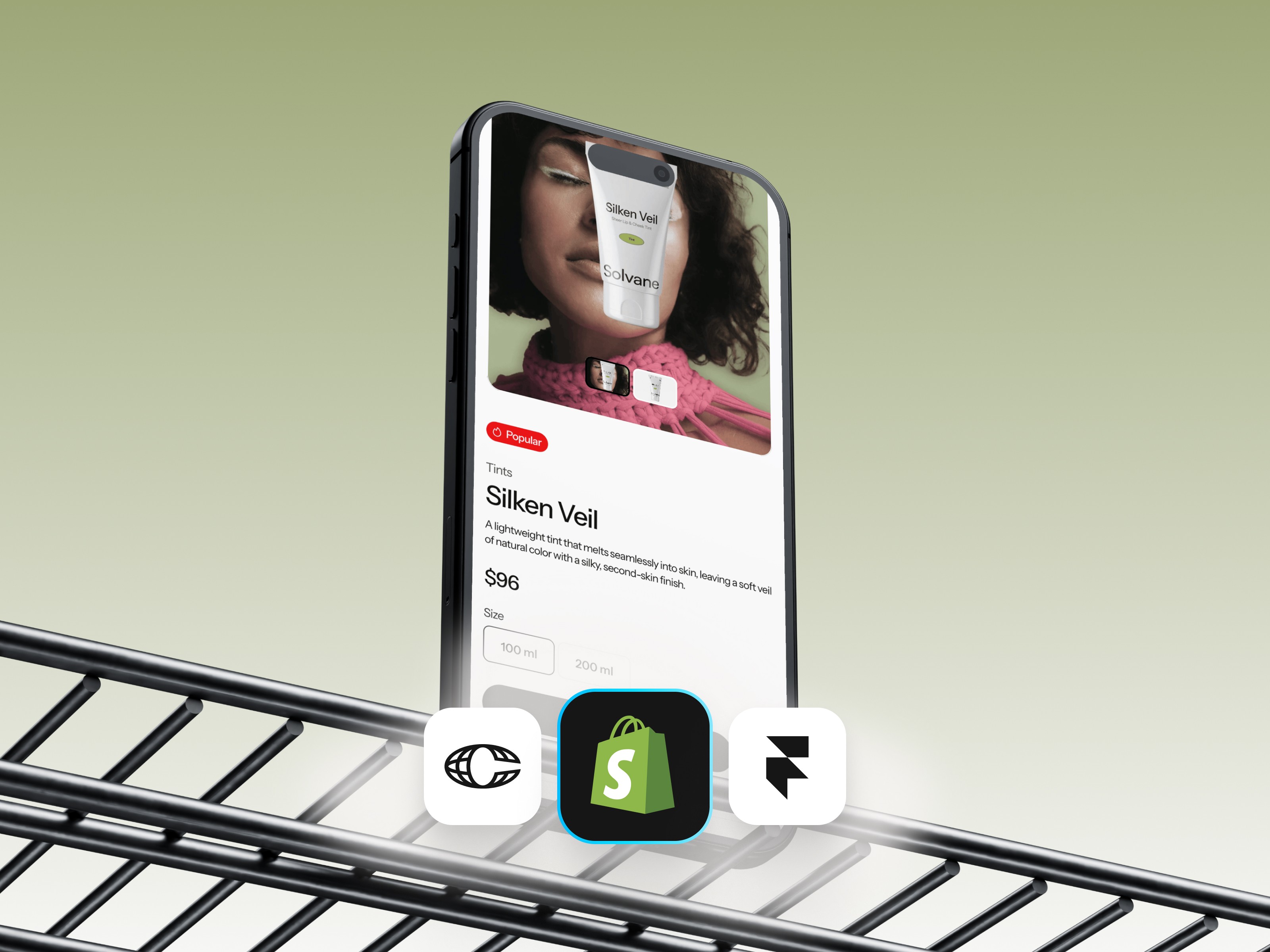 Modern Framer eCommerce template storefront showcasing skincare product cards with clear Shopify and Framer integration icons.