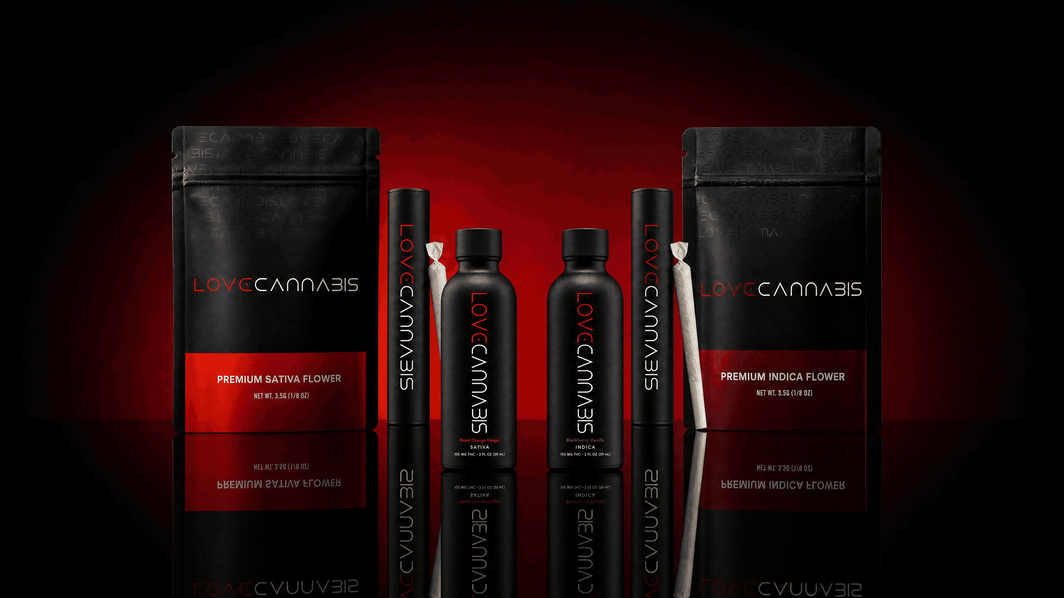 Complete Love Cannabis premium cannabis product collection featuring cannabis flower, cannabis infused beverages, and cannabis pre-rolls.