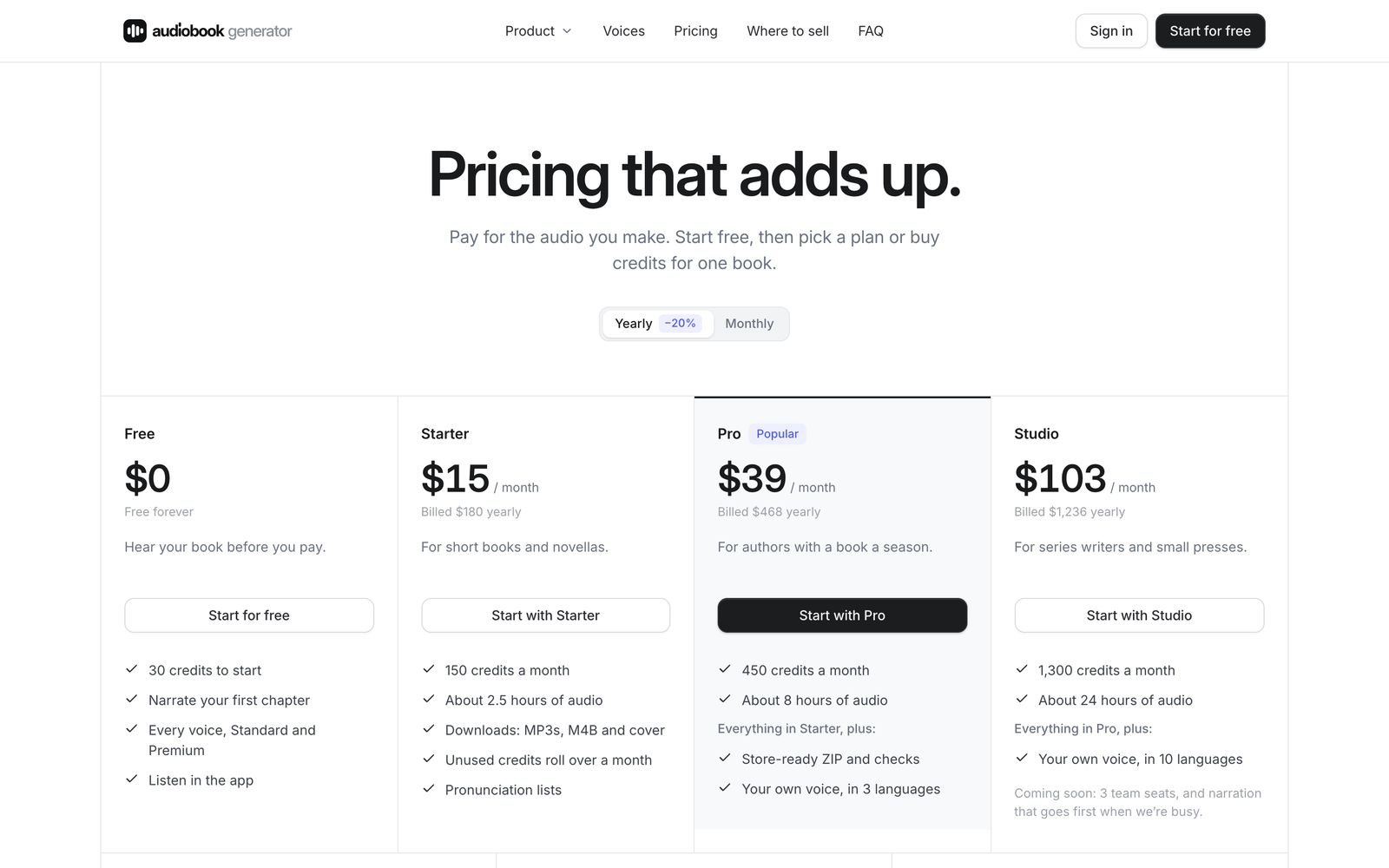 Audiobook Generator’s pricing page with Free, Starter, Pro and Studio plans
