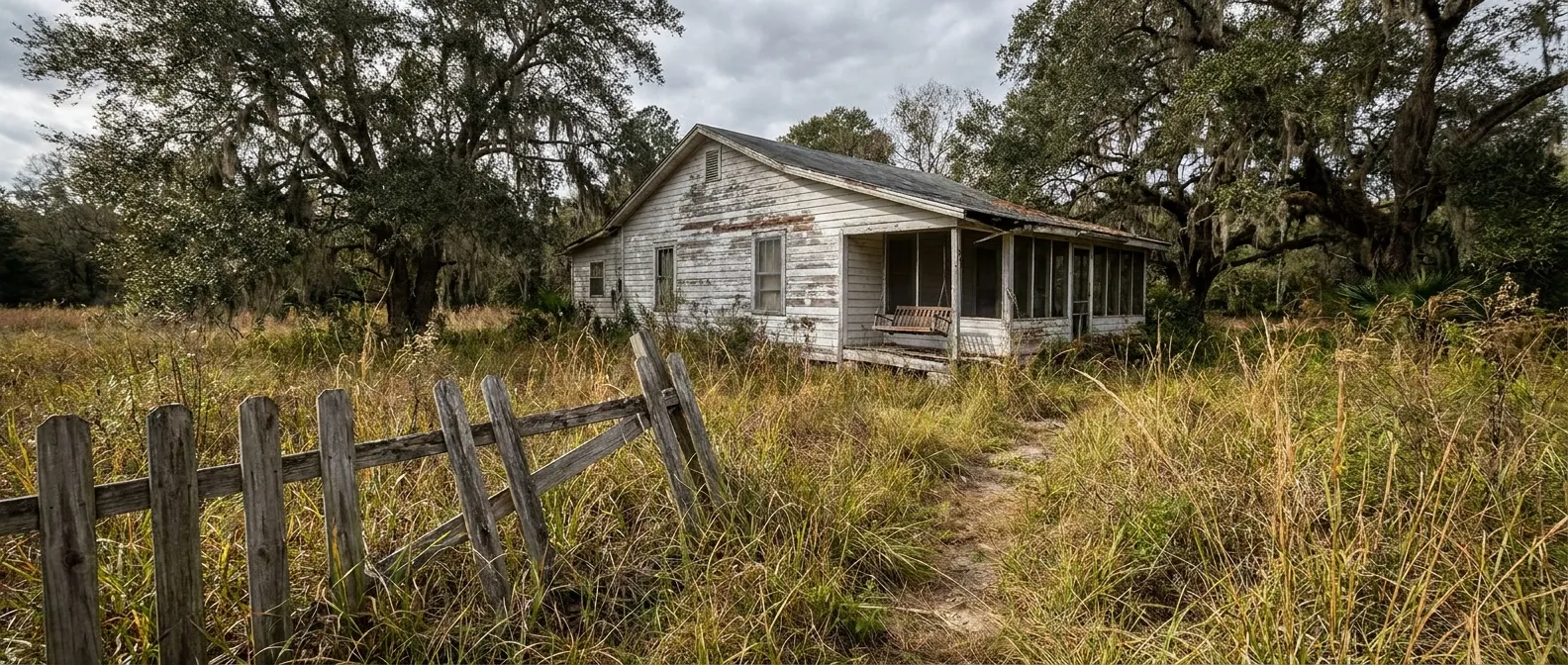 Abandoned house in overgrown field, ideal for RockN' Socials digital marketing.