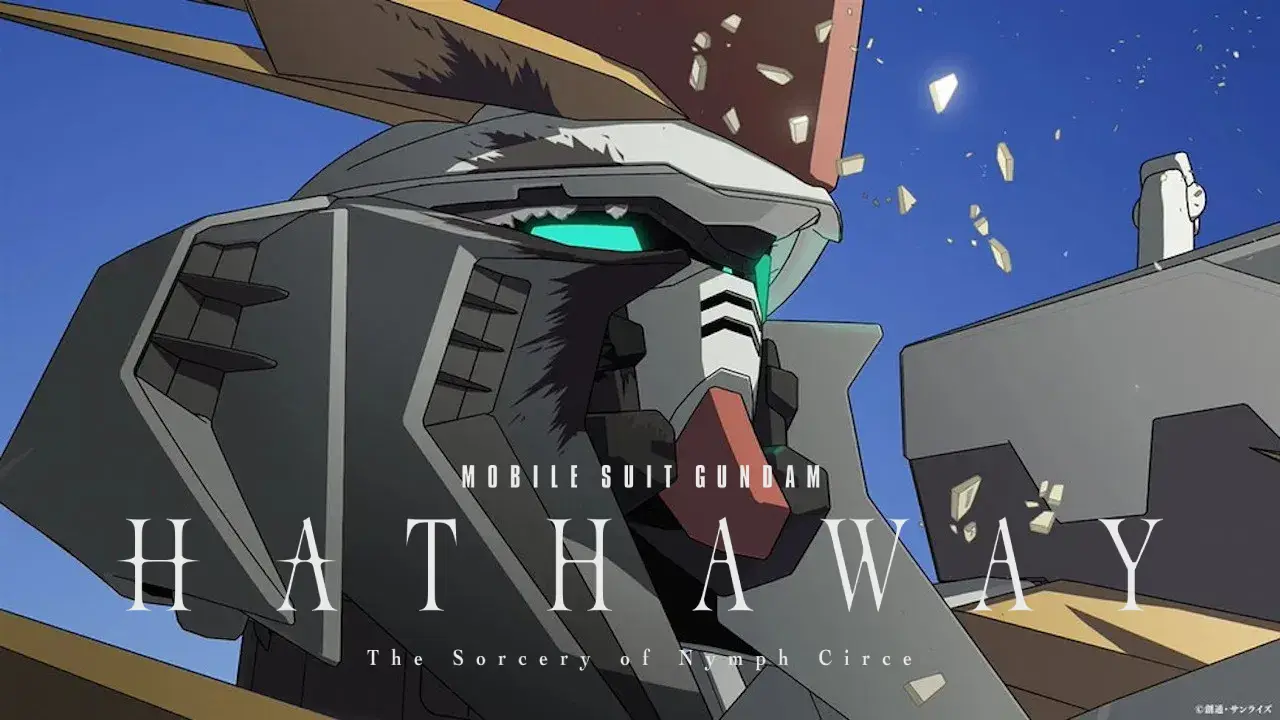 A detailed close-up of a futuristic, silver and black robot helmet with glowing green eyes, surrounded by floating debris, set against a starry night sky, with large text “Mobile Suit Gundam Hathaway” overlaying the image, promoting the anime series.