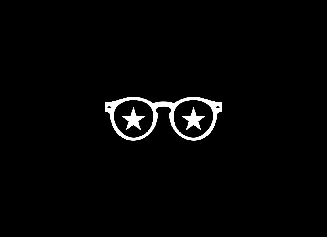 Minimalist white glasses icon with star-shaped lenses on a solid black background, used as a graphic header for a smart glasses article.