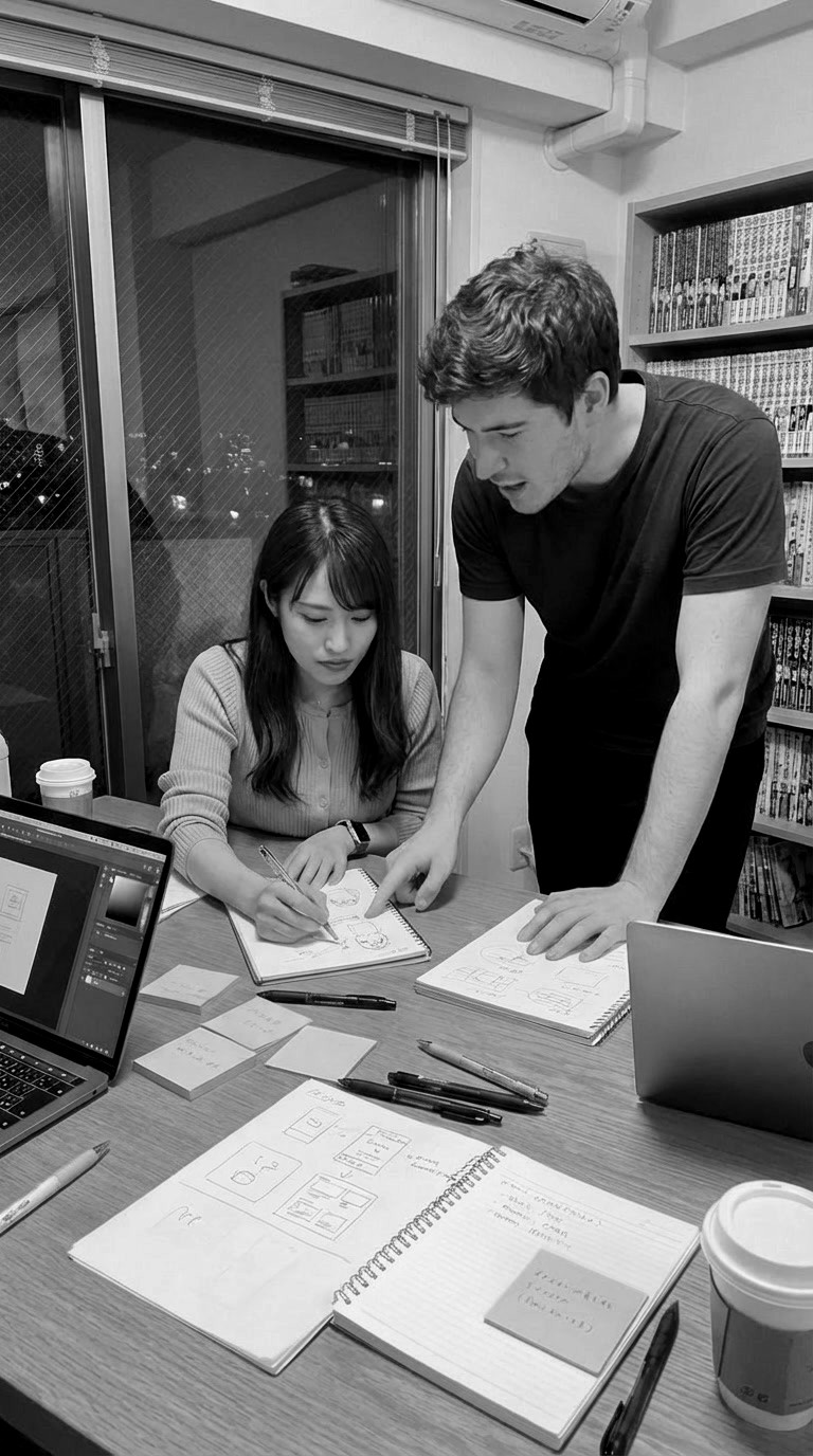 Interior of a cafe or workspace with several people at tables