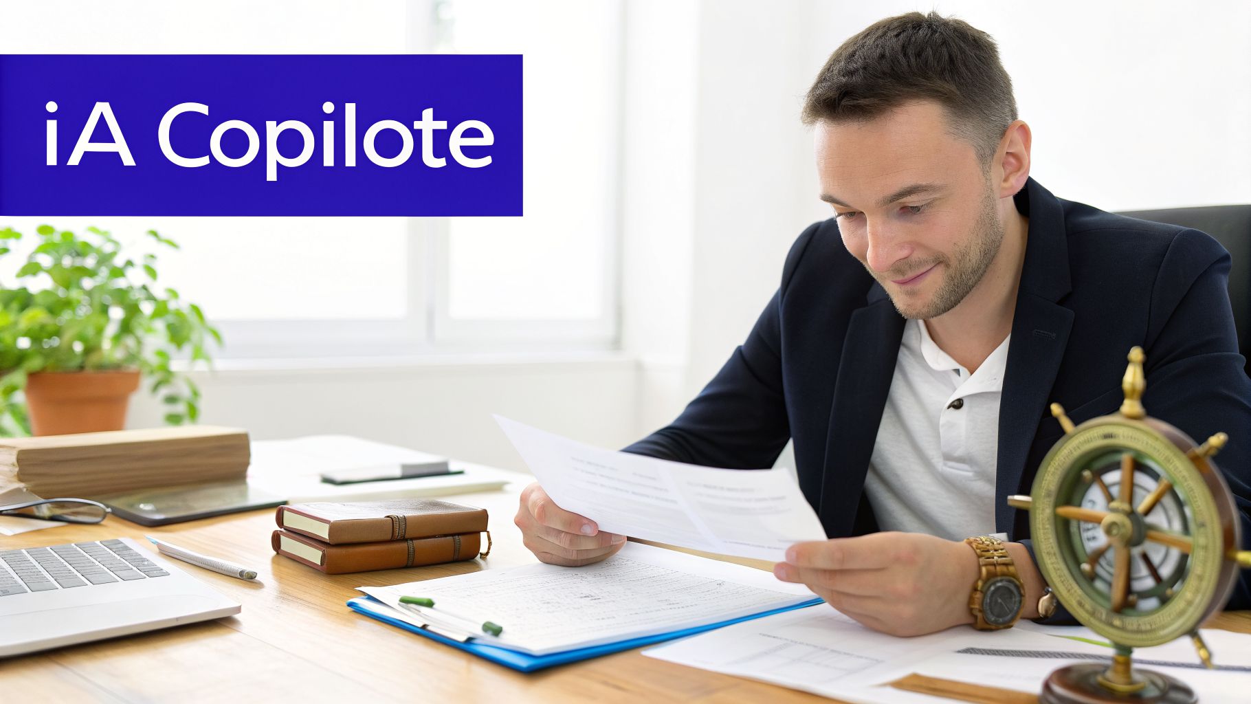 Un homme d'affaires lit des documents à un bureau moderne, entouré d'un ordinateur portable et de fournitures de bureau. Le texte