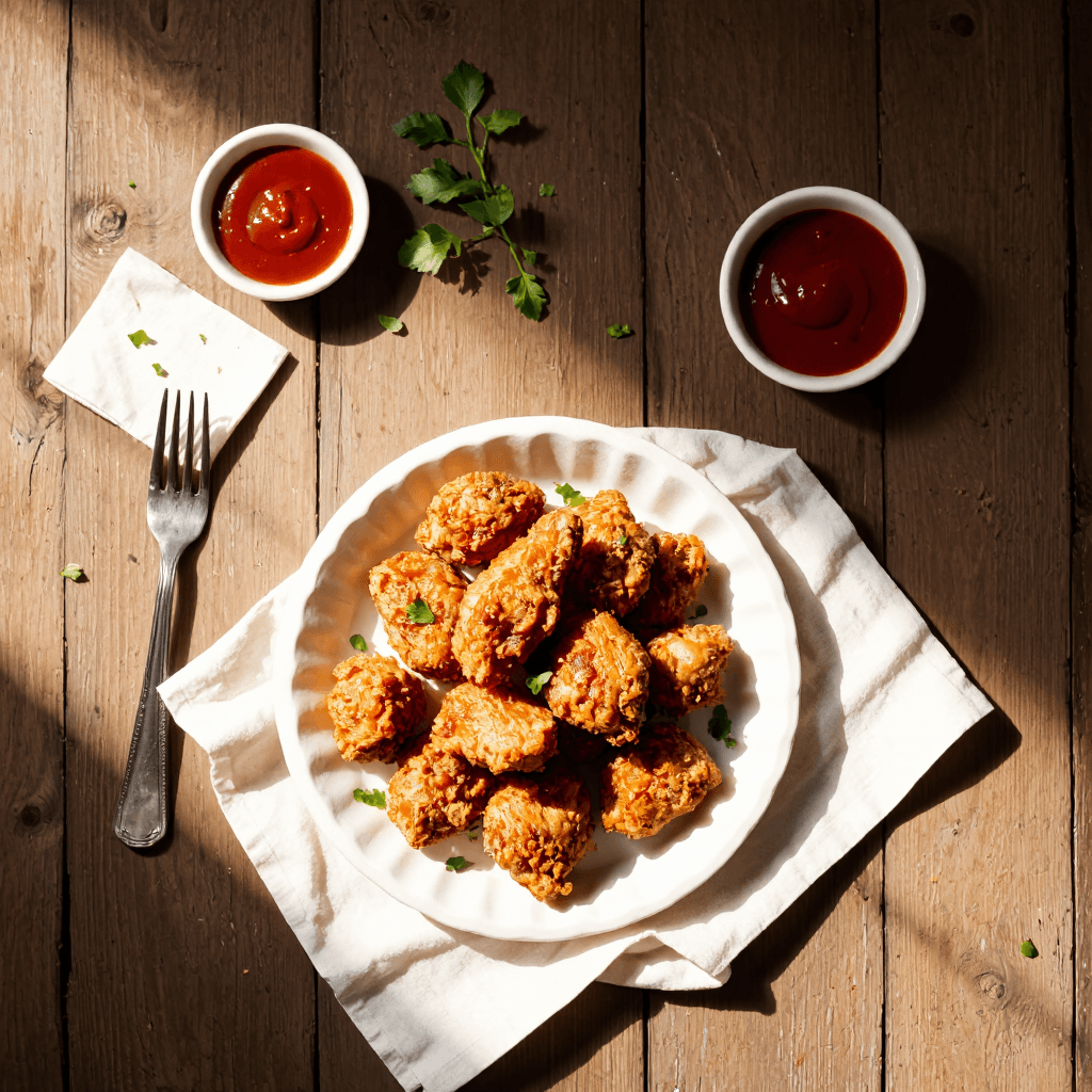 product photography of a plate of fried chicken pieces served with ketchup