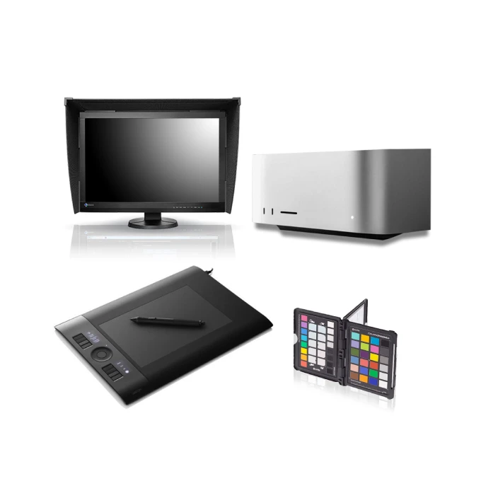 Image containing all the equipment present in the Capture II Pack : a Mac Studio: Apple M2 Max, a calibrated EIZO CG247X Monitor (with built-in probe), a WACOM INTUOS M Graphics Tablet (A4), a Colorchecker