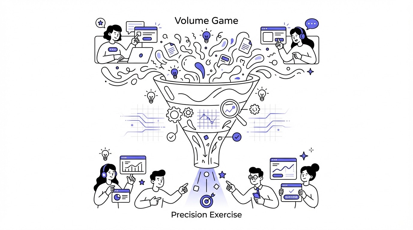 A modern conceptual diagram illustrating the shift from a 'volume game' to a 'precision exercise' using a funnel metaphor. The wide top of the funnel shows many abstract data points labeled 'Volume Game'. These points narrow and refine as they flow down to the precise, focused output at the bottom, labeled 'Precision Exercise'. The diagram uses cool tech-inspired colors.