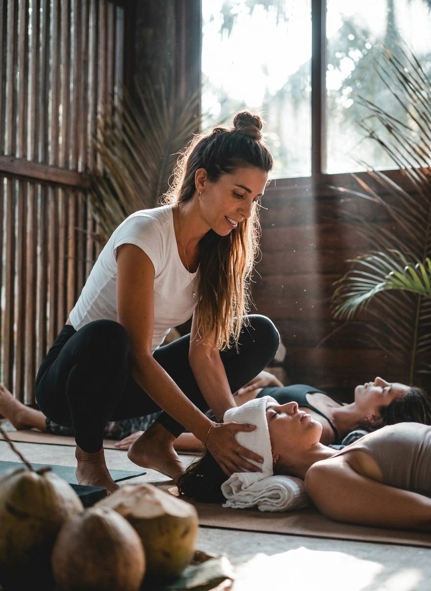 Large group corporate yoga session on the beach in Las Terrenas, Samaná Dominican Republic, 40 participants, instructor Nat, company seminar wellness programme on Playa Cosón