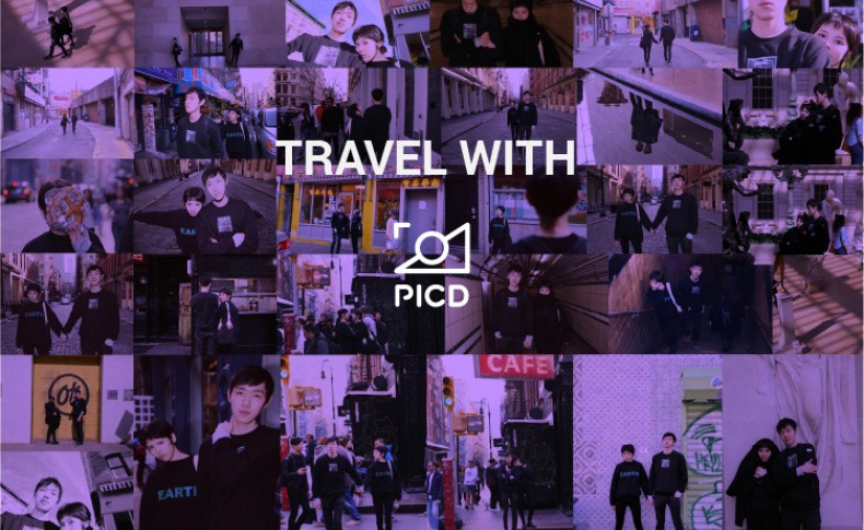 A collage of black and white photos depicts people in various settings, including street scenes, buildings, and indoor spaces. The text "TRAVEL WITH" and "PICD" are superimposed on the center of the collage.