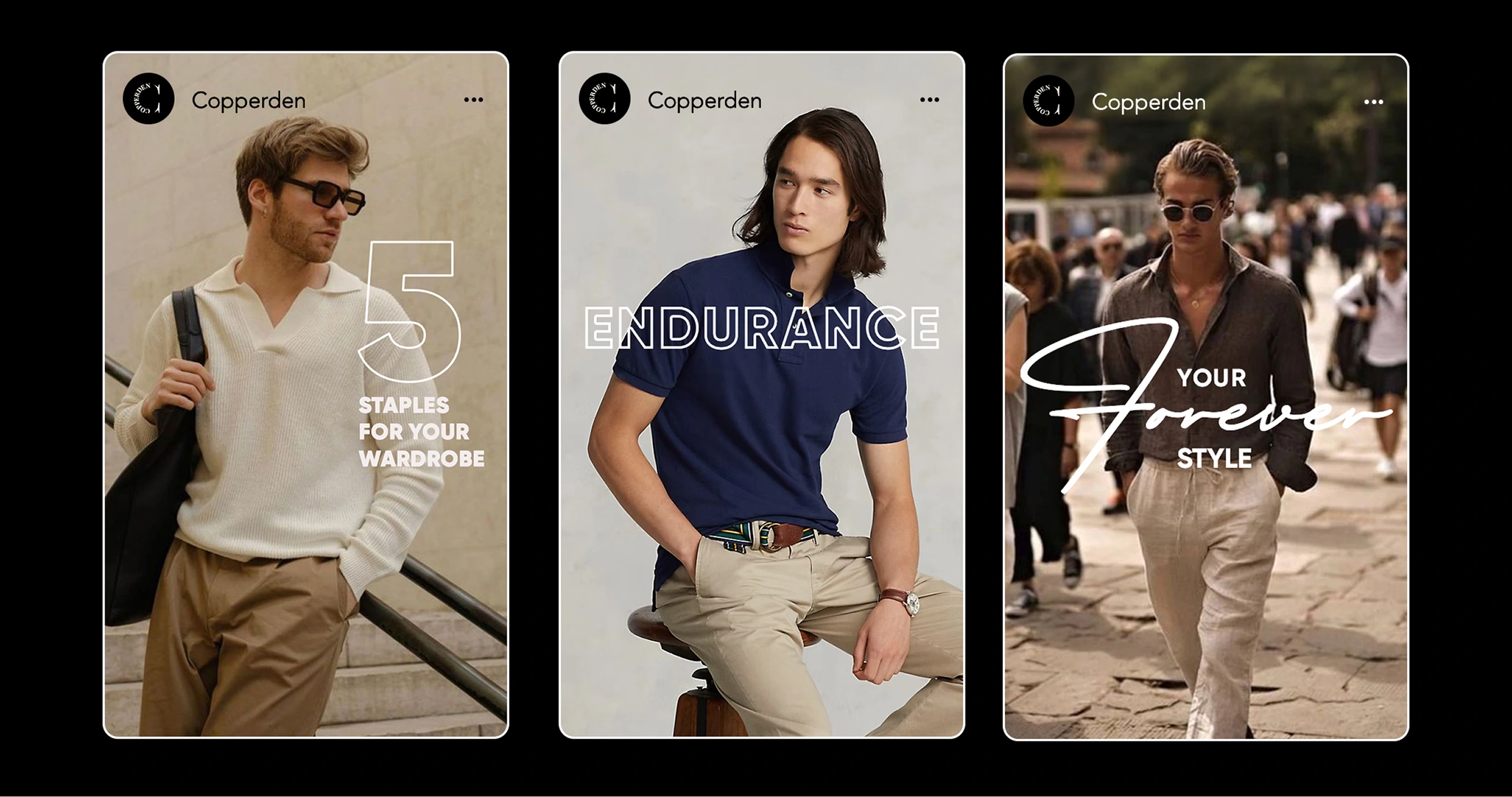Copperden menswear Instagram post featuring minimalist wardrobe staples for modern men