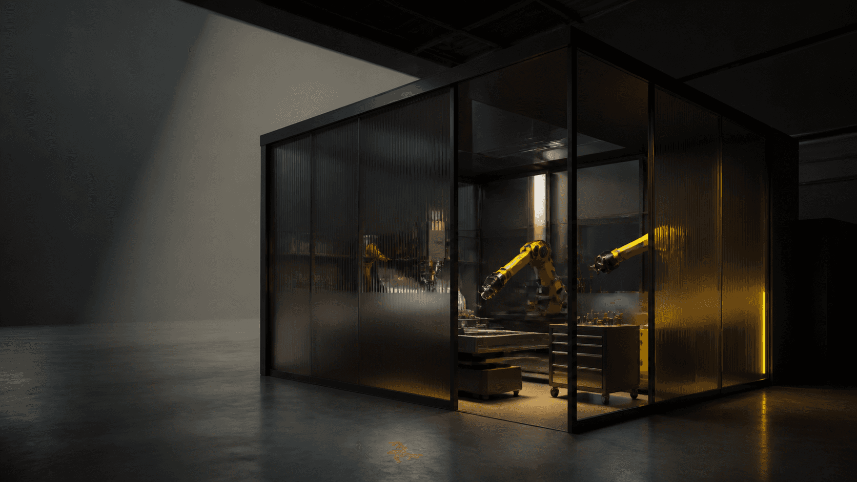 A manufacturing workspace partially concealed by smoked glass panels.