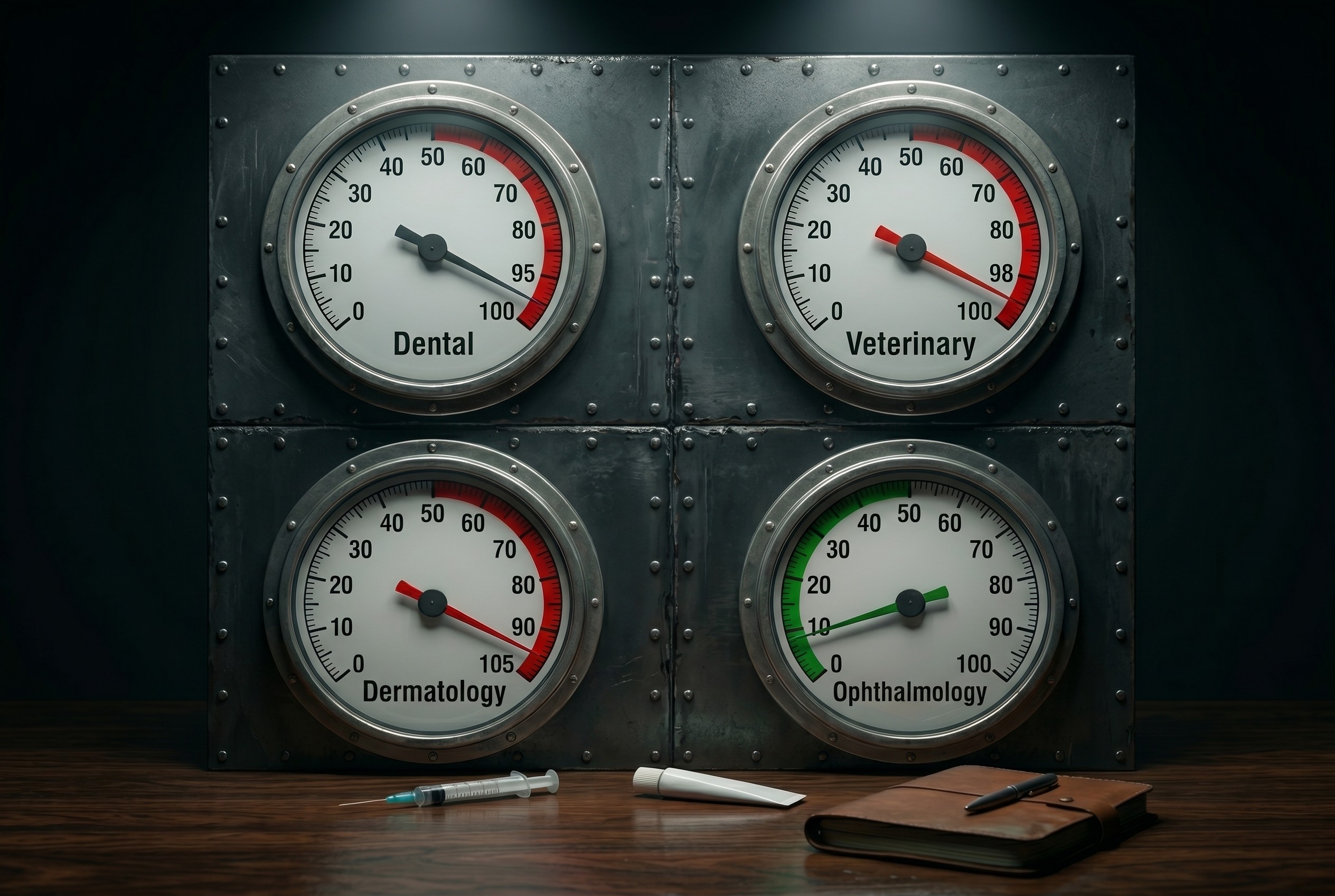Four analog gauges in 2x2 grid on dark industrial panel with Dental Veterinary and Dermatology deep in red zone and Ophthalmology in green zone