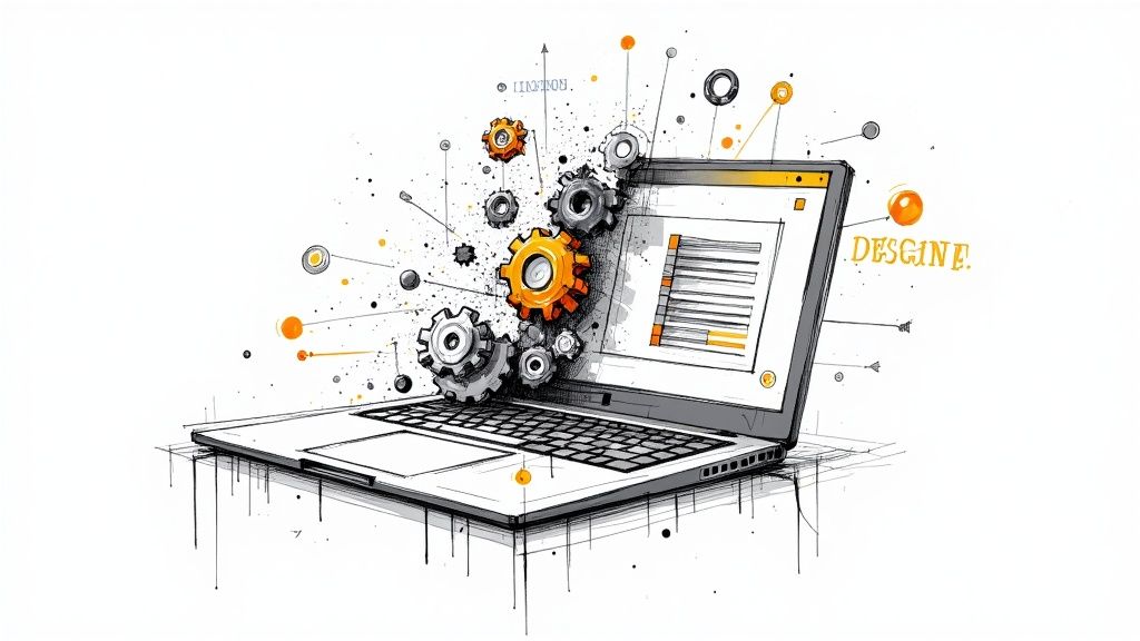 A person interacting with an AI interface on a computer to build a website, showing lines of code and design elements being generated automatically.