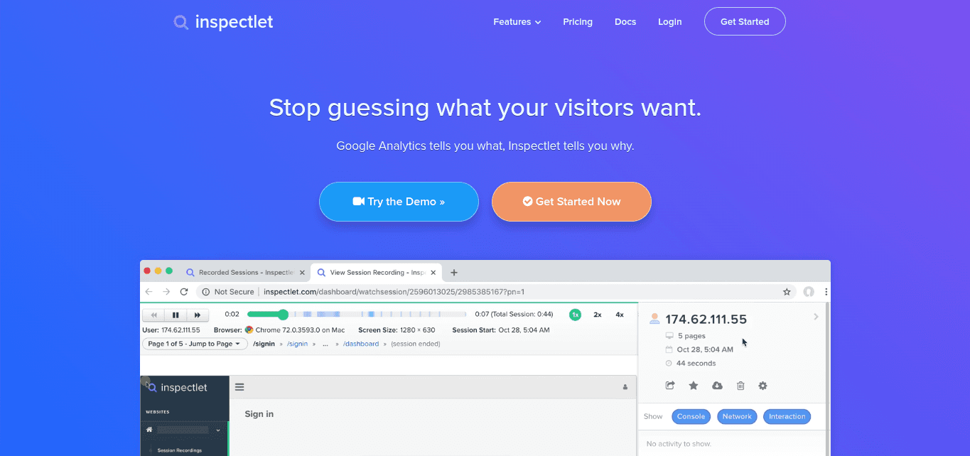 Inspectlet Dashboard Screen shot