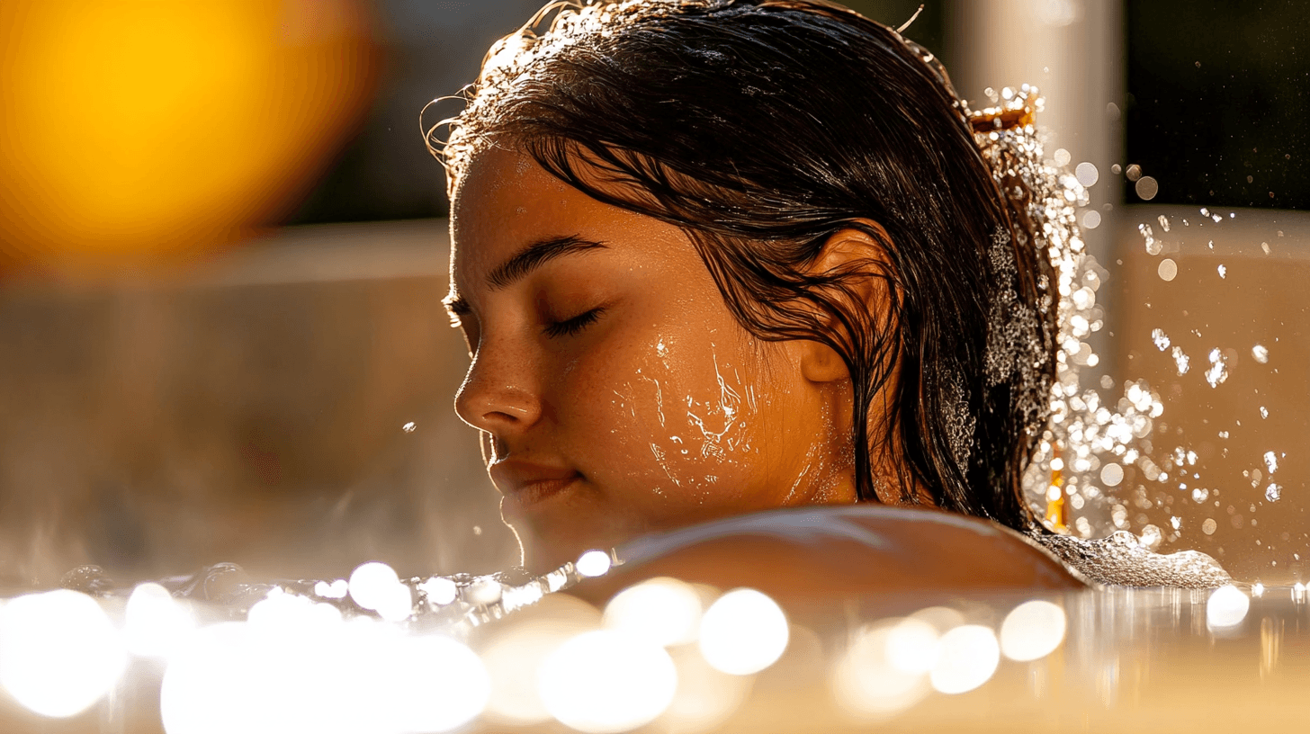 A woman enjoying a water-based spa treatment, her face and hair glistening with droplets. The golden sunlight reflecting on her skin adds to the refreshing and rejuvenating ambiance.