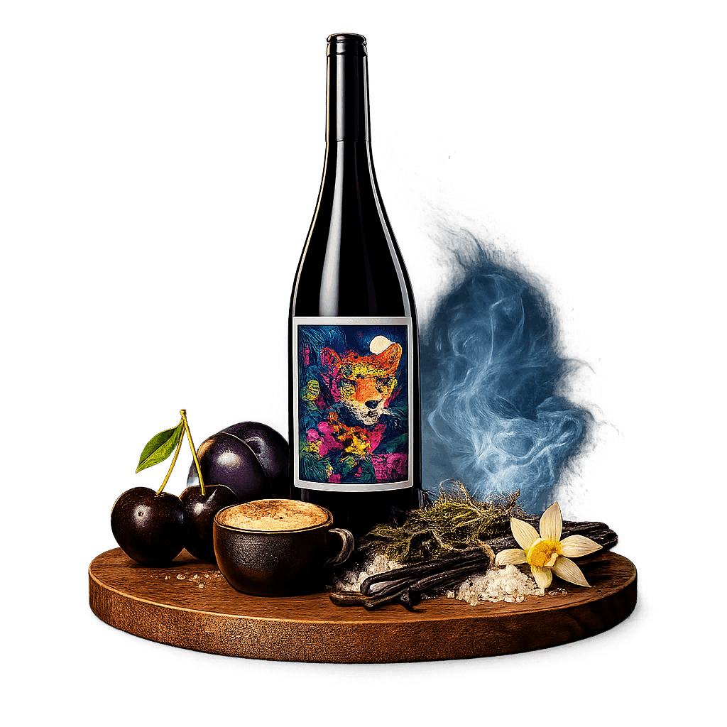 Artistic label and flavor profile for Mexican Merlot on a rustic wooden table.