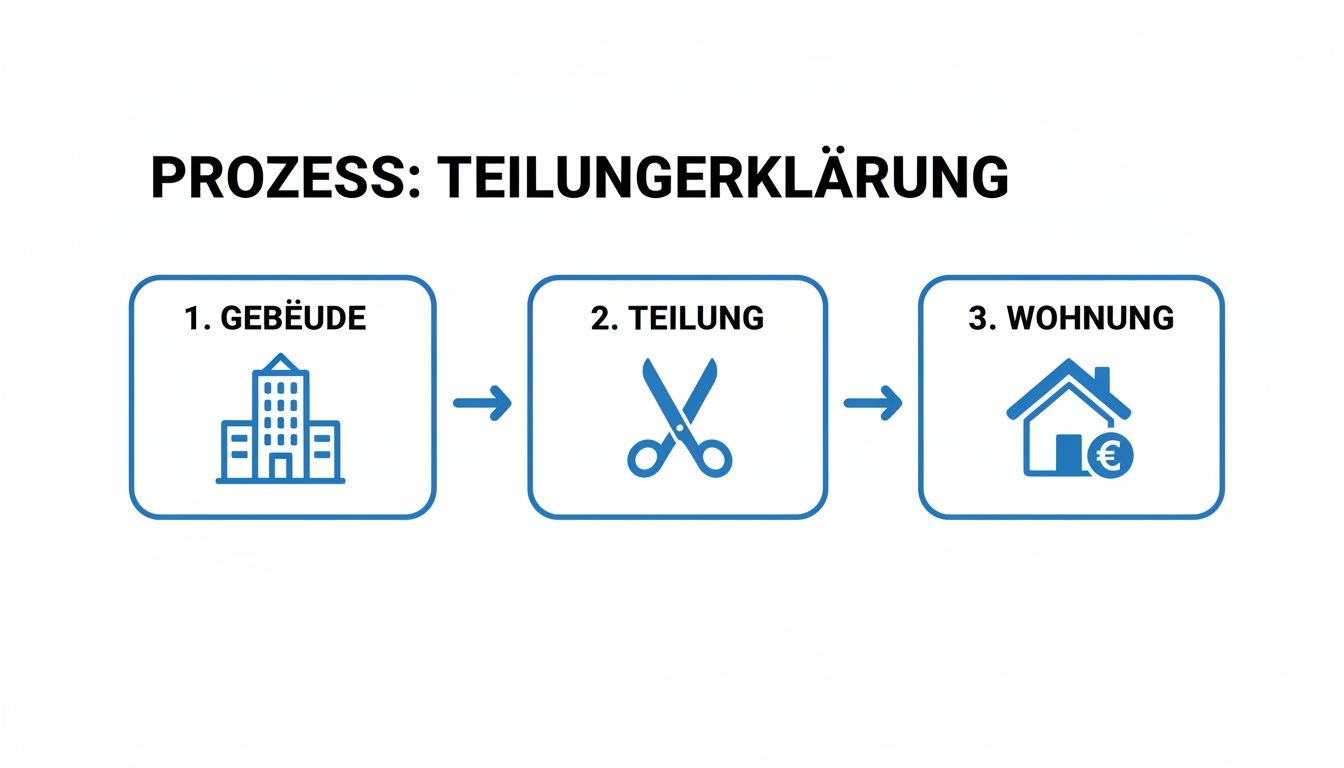 Flussdiagramm zeigt den Prozess der Teilungserklärung: Ein Gebäude wird geteilt, um Wohnungen zu schaffen, die verkauft werden können.
