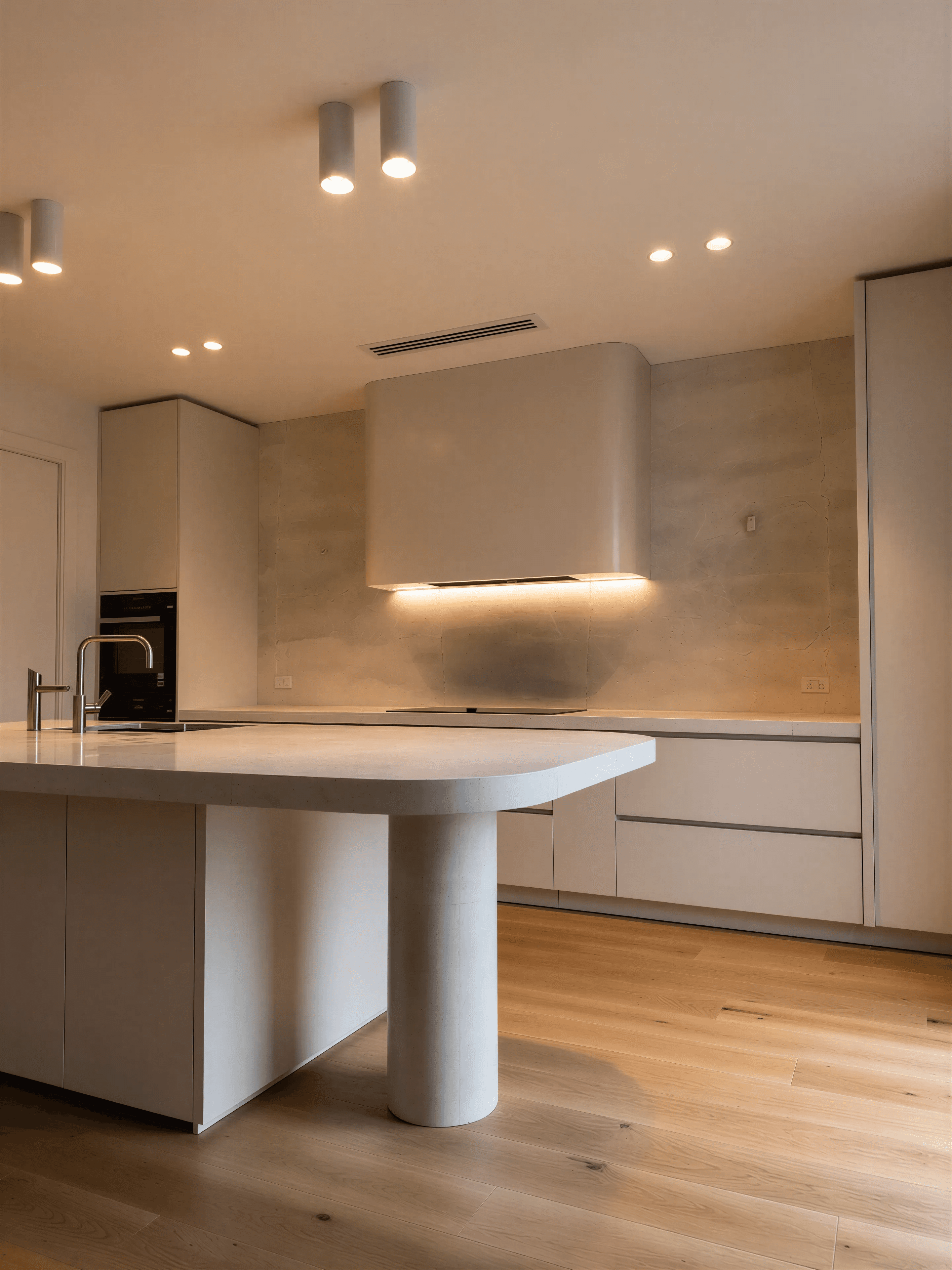 Custom kitchen design with stone island, integrated joinery and feature rangehood