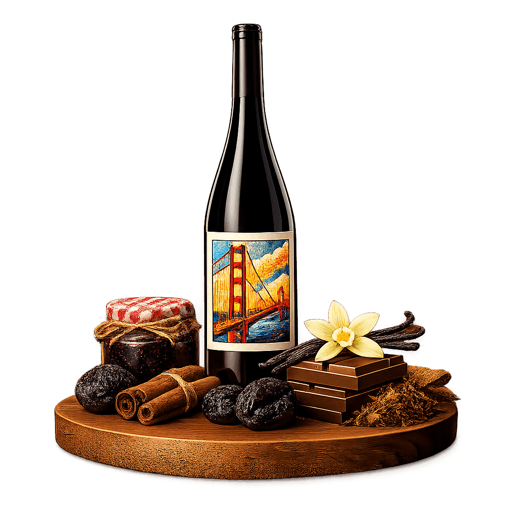 Artistic label and flavor profile for Californian Red Blend on a rustic wooden table.