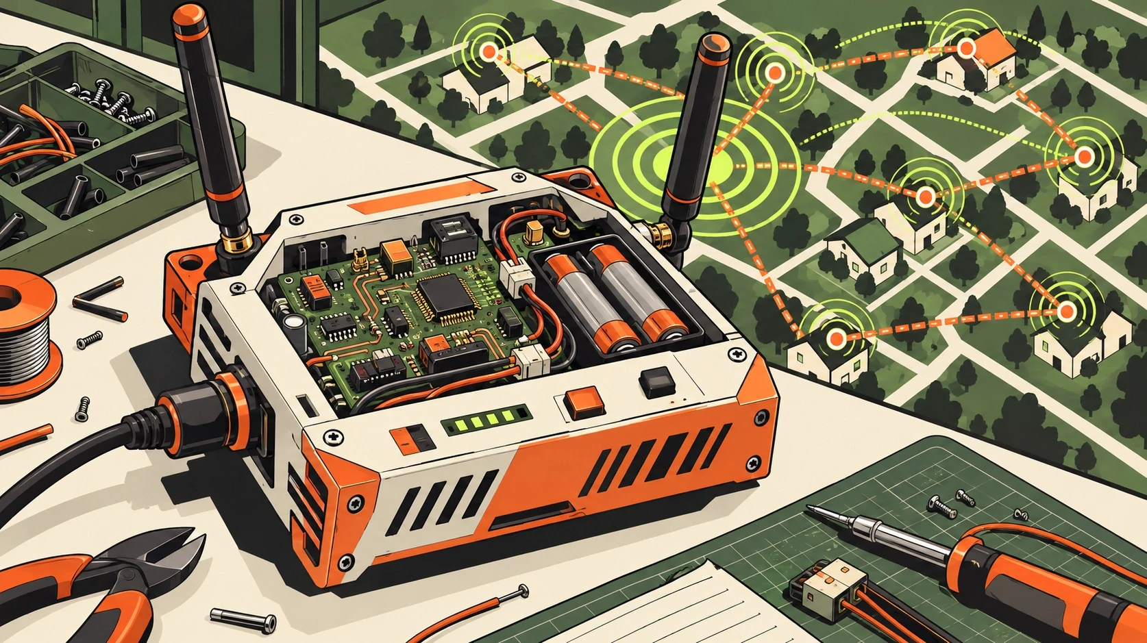 Open mesh relay device with antennas, circuitry, batteries and nearby network diagram