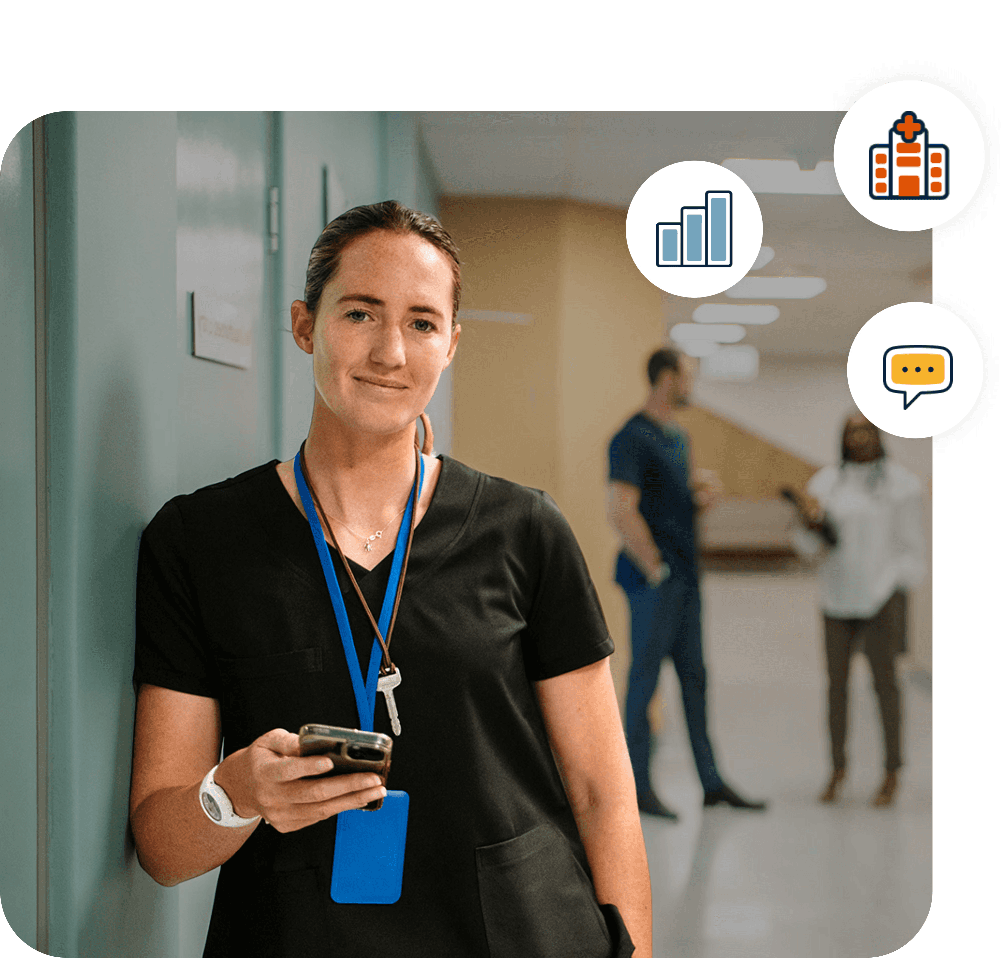 Female health worker holding a phone, with icons superimposed on the image showing a bar chat, hospital, and chat bubble. 
