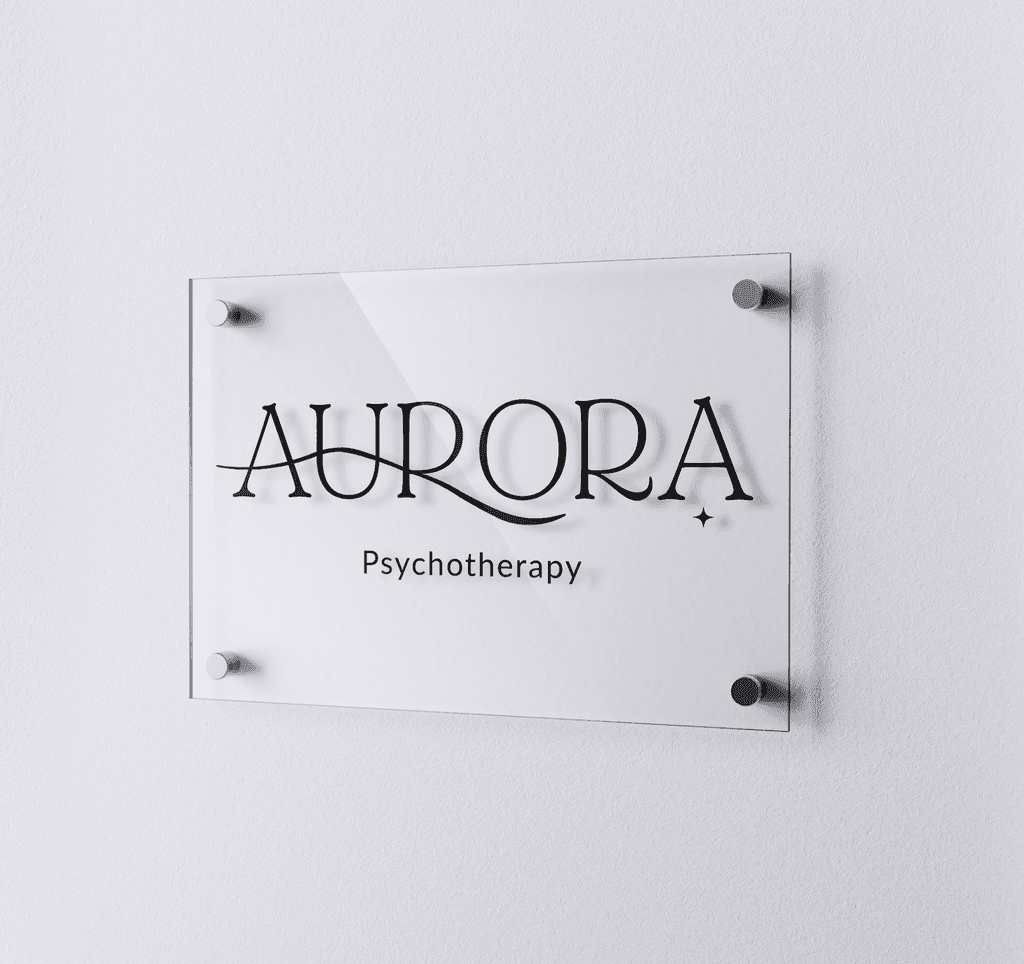 Aurora Psychotherapy office sign featuring primary logo